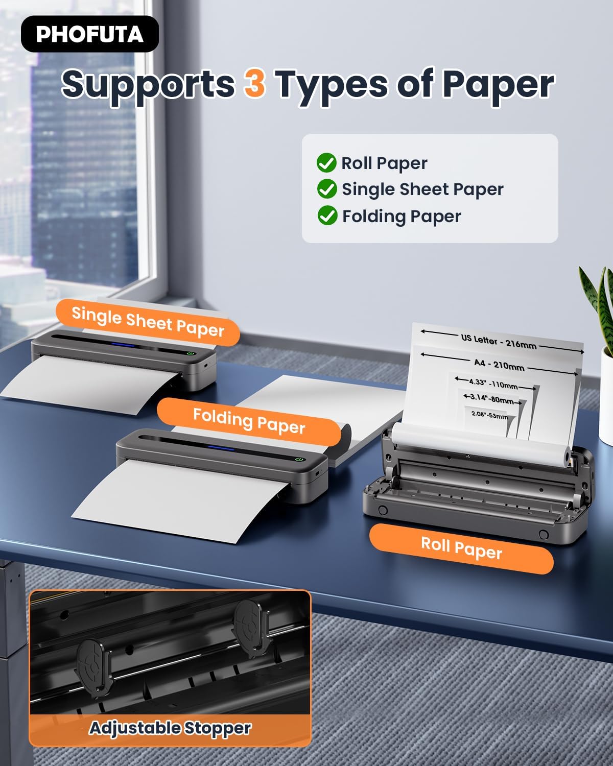 Diagram showing how to load roll paper, single sheet paper, and folding paper into the PhoFuta M832 printer.