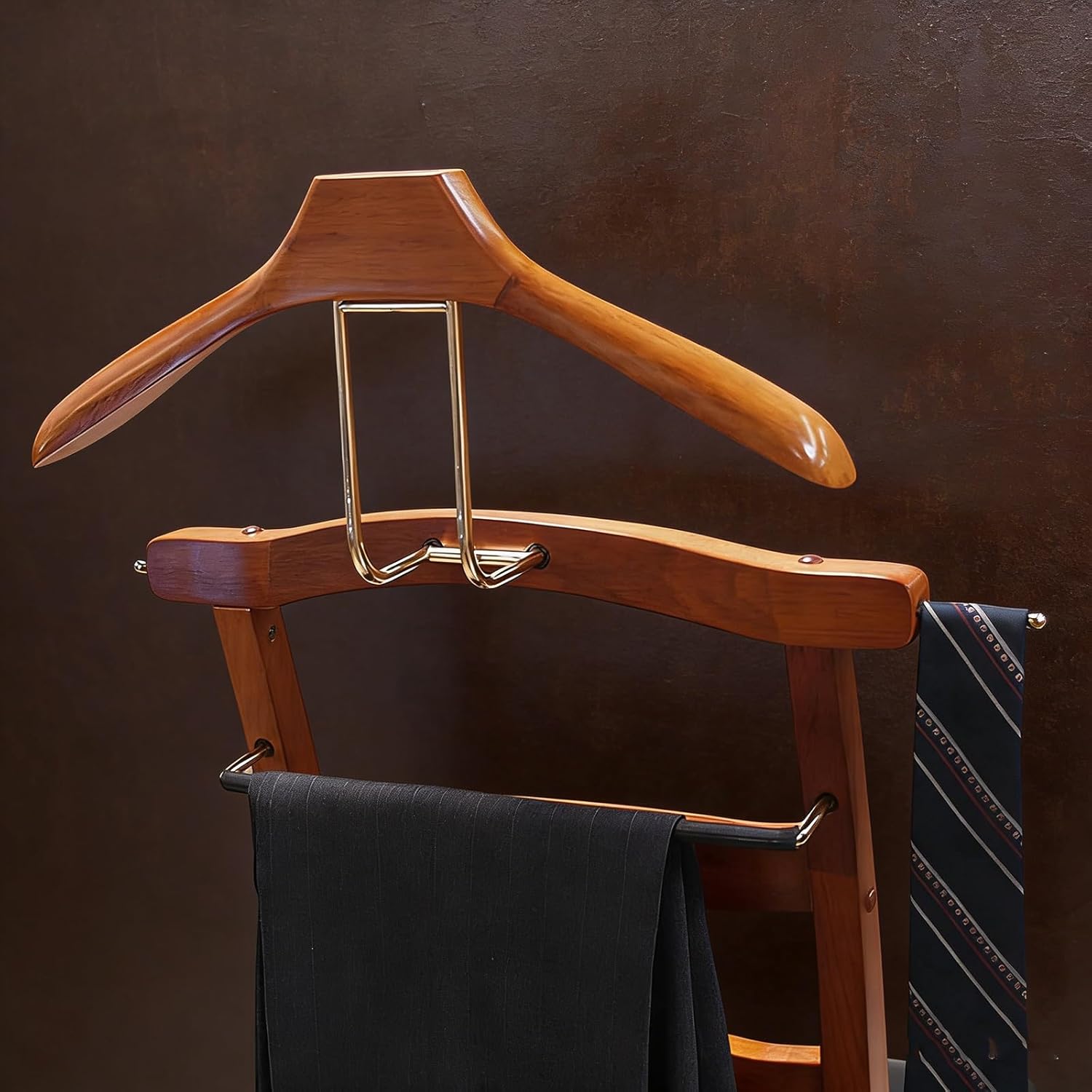 Chair Valet With Drawer Wooden Suit Valet Stand With Contour Hanger Chair Freestanding Clothing Organizer