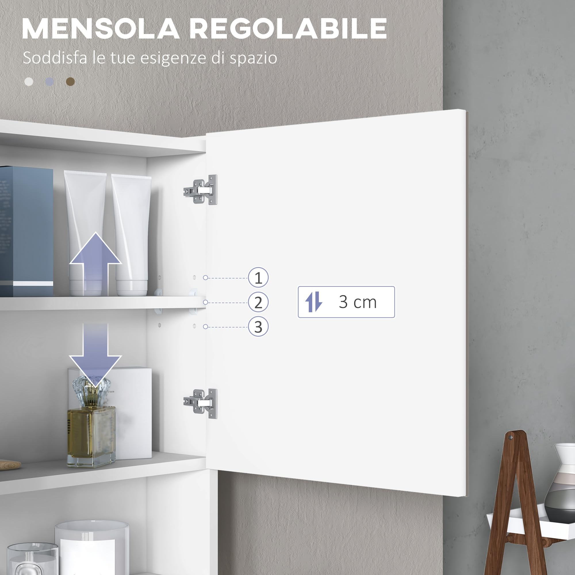 HOMCOM Specchio Bagno Contenitore con Luci a LED, Armadietto con Specchio a Muro, Ripiano Aperto e Ripiano Interno Regolabile, in Vetro e MDF, 80x15x60cm