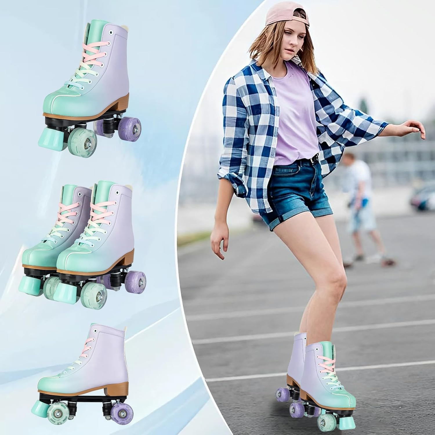 SilverTree Roller Skates for Women and Girls PU Leather High-top Adult Roller Derby Skate Wheels Light Up Roller Skates Four-Wheel Shiny Roller Skate
