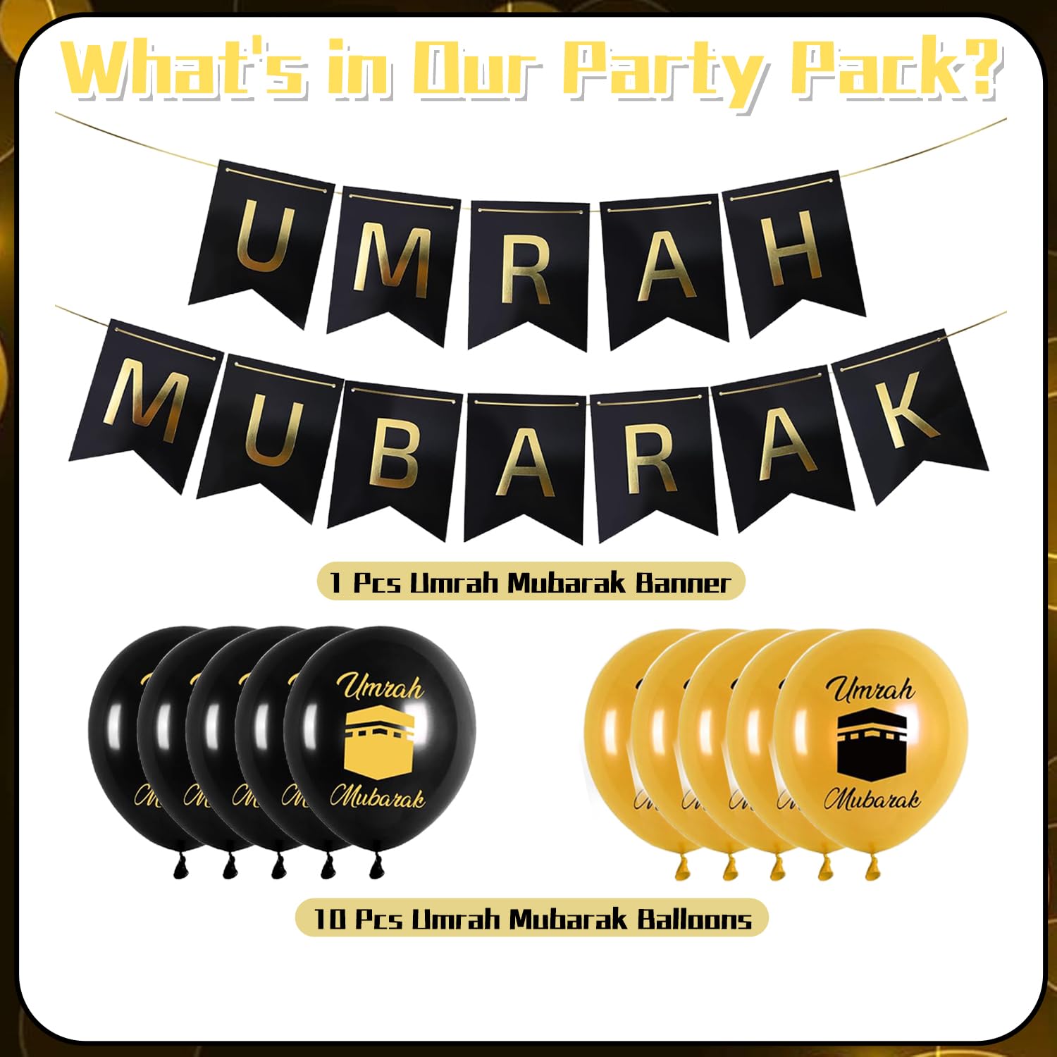 Umrah Mubarak Decoration Set, Black Gold Umrah Mubarak Banner and 10 Pcs Umrah Mubarak Balloons, Eid Ramadan Decorations - Image 2