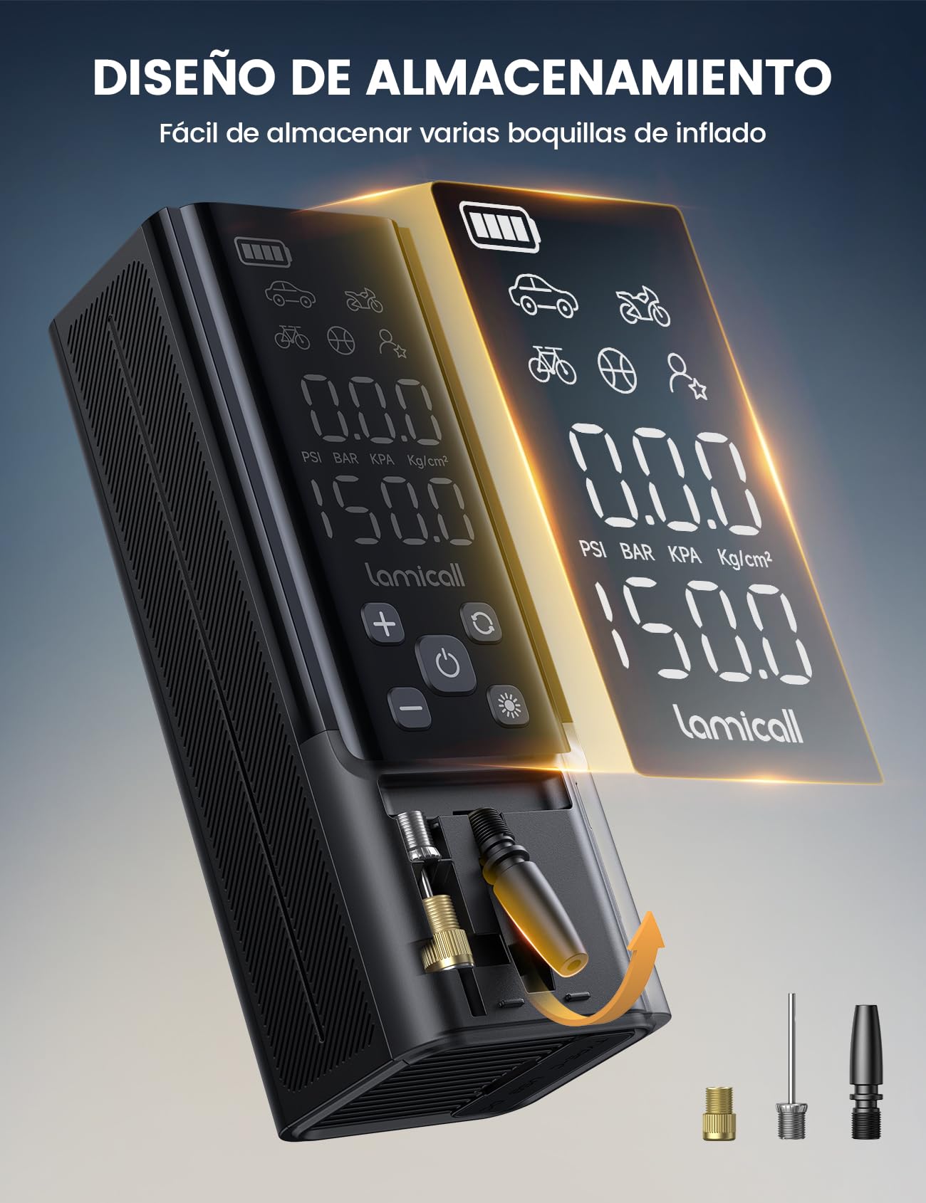 Lamicall Compresor Aire Portatil, Inflador Rueda Coche - [150 PSI Inflación Rápida] con Pantalla LCD Digital y Luz LED, Banco de Energía, Hinchador con 3 Boquilla para Coche/Bici/Moto/Pelota
