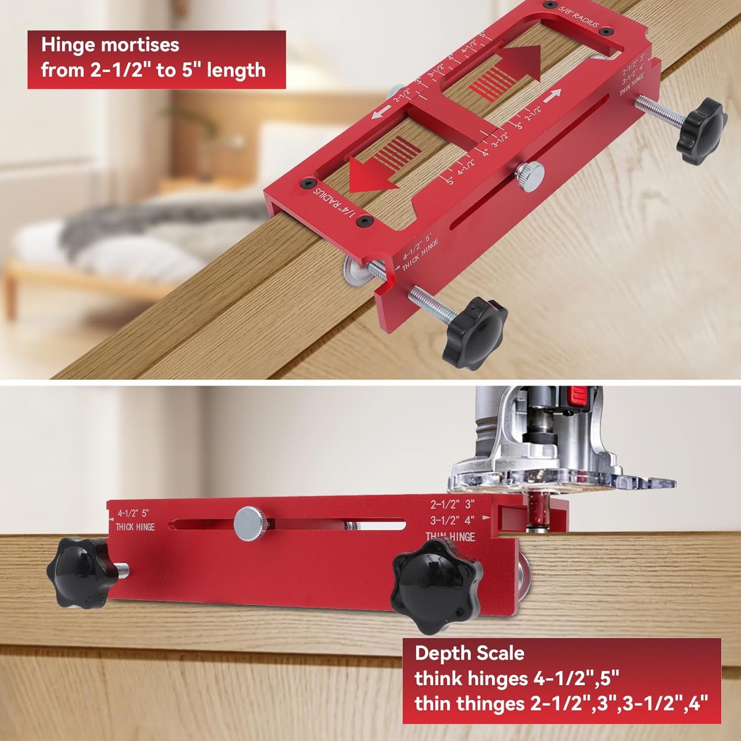 Door Hinge Jig,Aluminum Alloy Door Lock Installation Kit,Door Hinge Adjustment Tool from 2.5" to 5" Length and Thicknesses, 1/4" Radius, 5/8" Radius and Types of Square (Red)