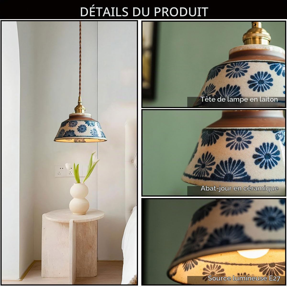 Suspension Lustre Moderne en Porcelaine Bleue Et Blanche, Classique en Céramique, Petit E27 1 Lumière, Semi-Intégrée, Lampe À Suspension Hôtel Café
