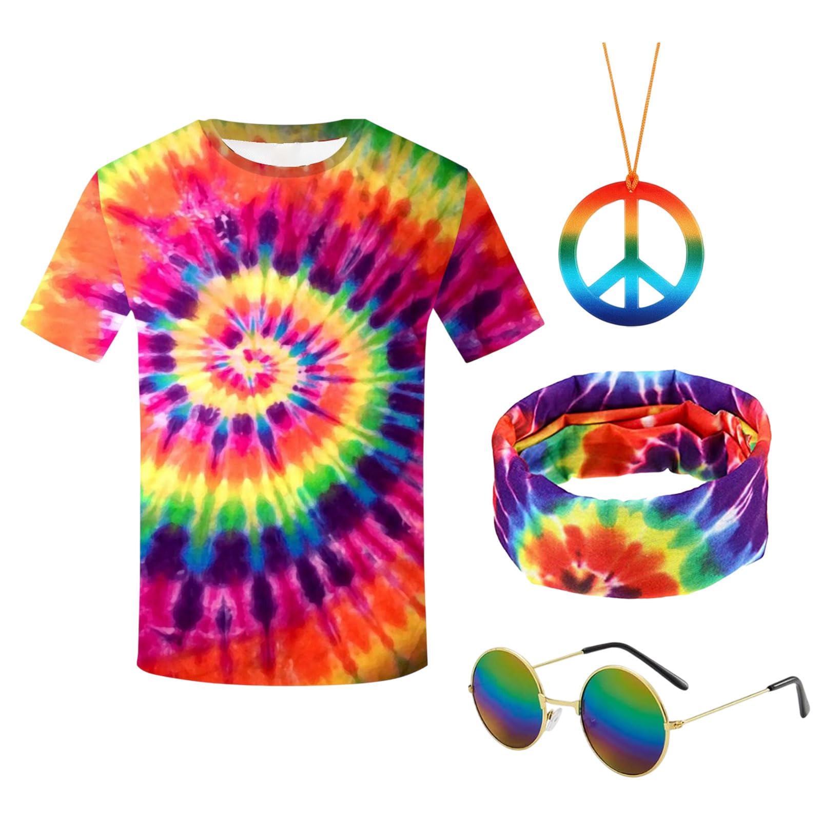 4 Piezas Conjunto Disfraz Hippie Años 60 y 70, Hippie Costume Set con Camiseta Collar Gafas de Sol Diadema, Disfraces para Fiesta de Carnaval Temática de Los Años 70 Halloween (Multicolor)