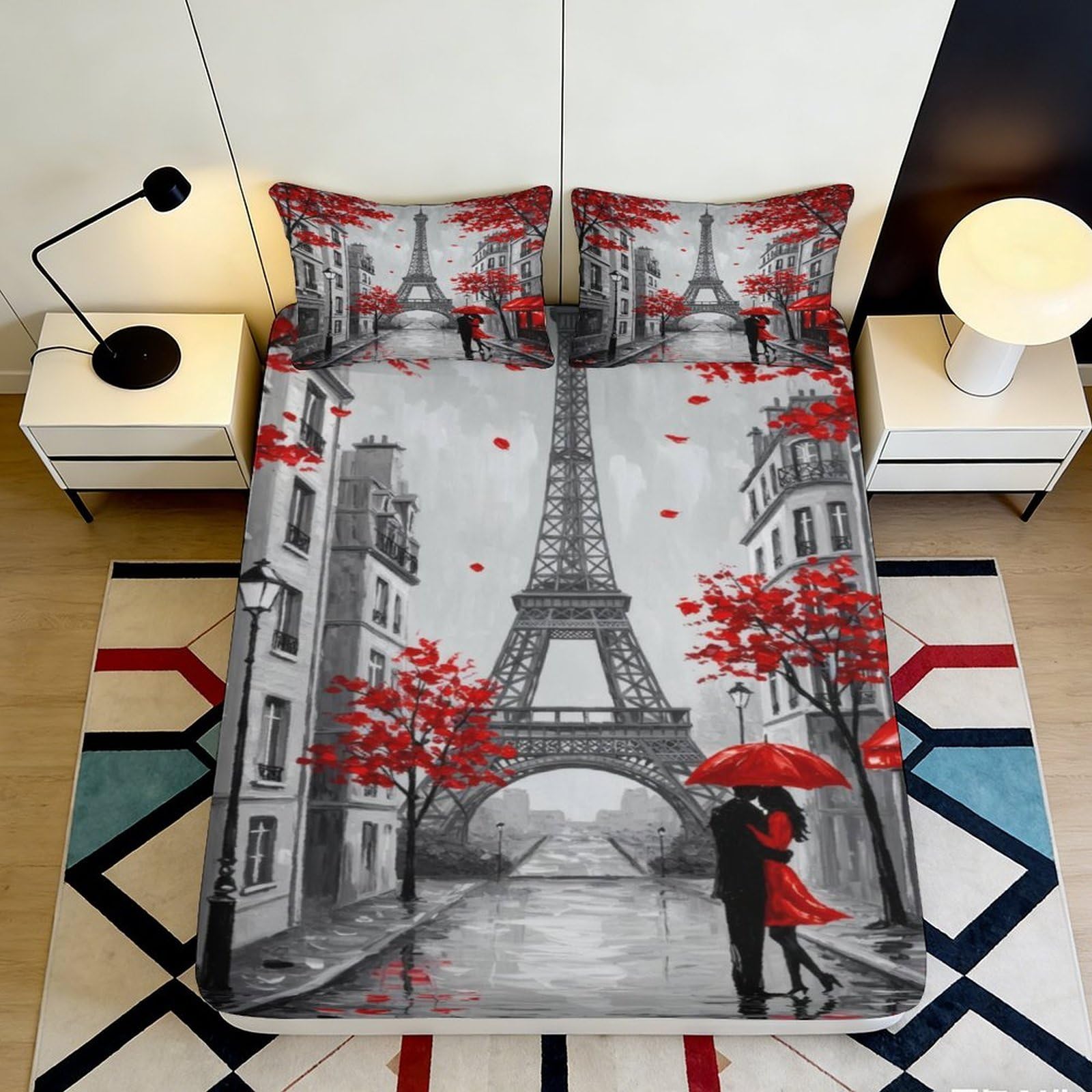 3D Printed Paris Eiffel Tower Fitted Sheet Microfiber Red Umbrella Mattress Cover Non-Slip Bedroom Decor Machine Washable 140x200x25cm