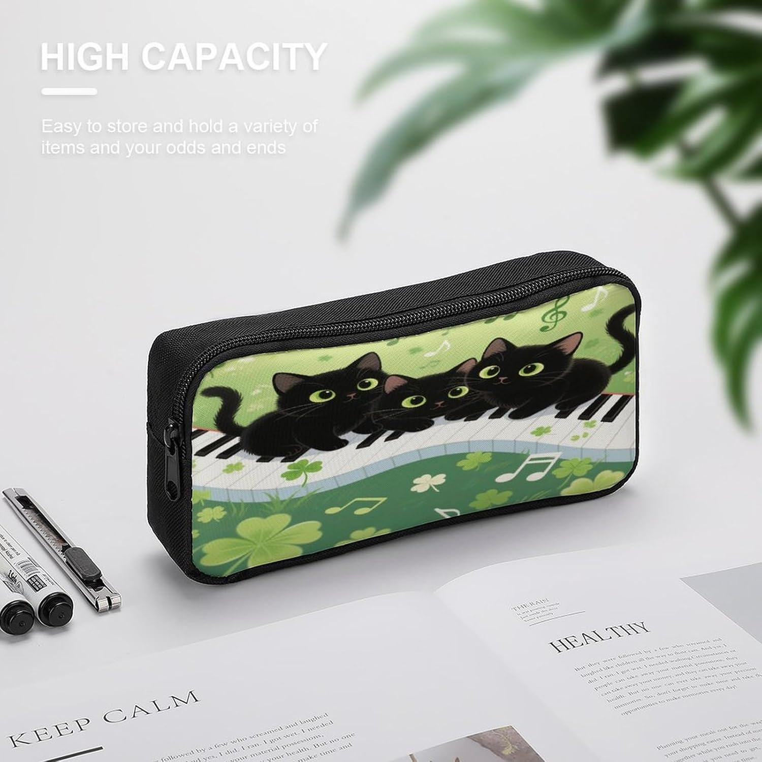 Cat Note Leaf Large Pencil Case Pouch Big Capacity for Office image 4