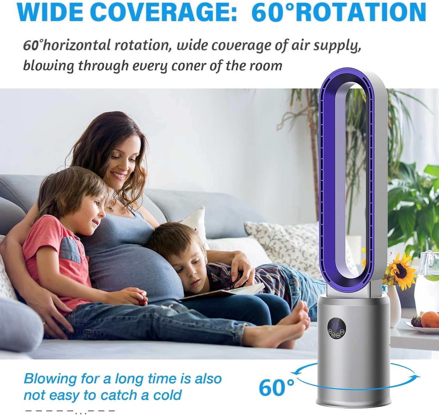 Image showing the advwin bladeless tower fan oscillating 60 degrees, providing wide coverage.