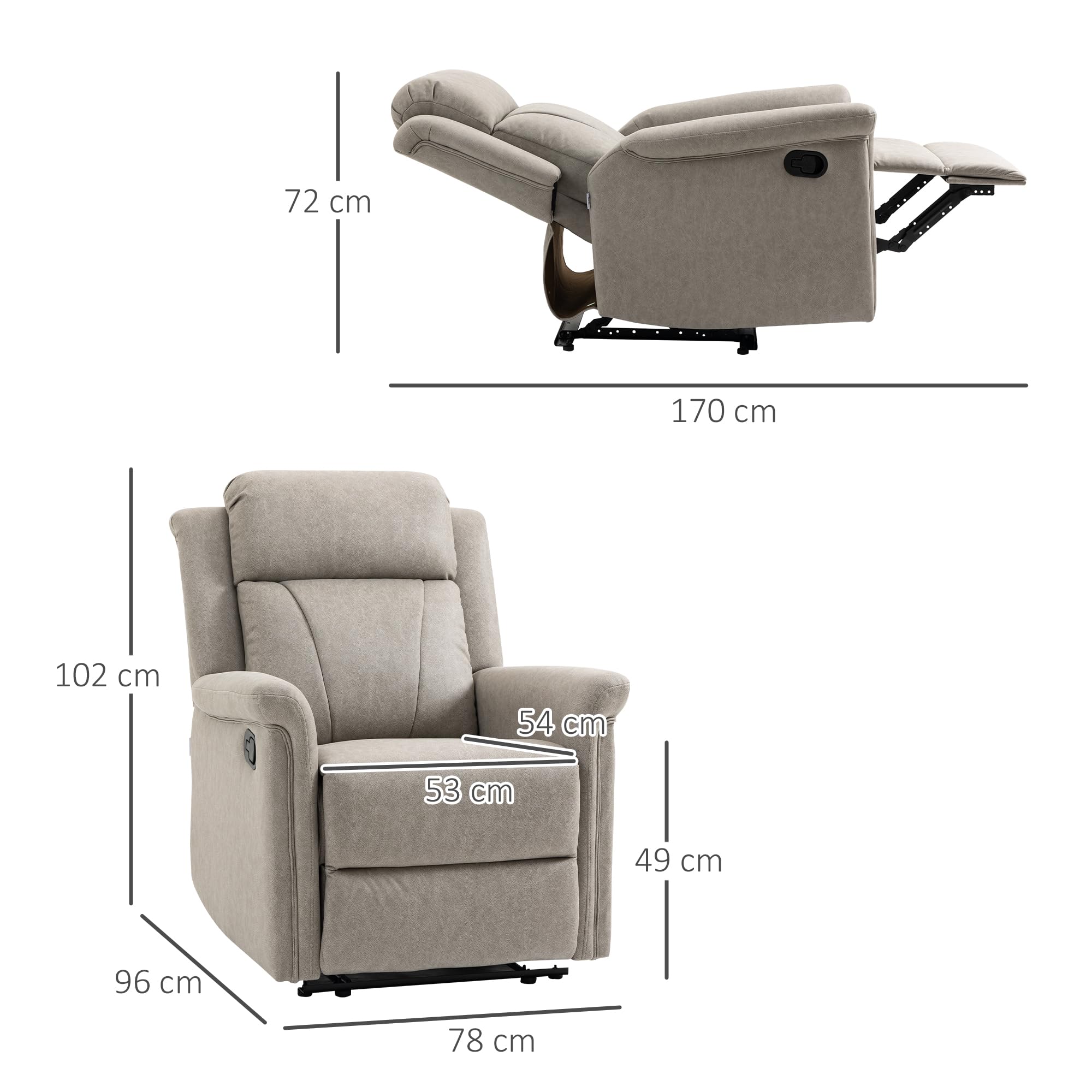 HOMCOM Sillón Relax Reclinable Manual, Sillón Relax de Tela con Reposabrazos, Reposapiés, Respaldo Alto, Acolchado Grueso, Butaca Reclinable hasta 135º para Salón, Dormitorio, Oficina, Gris