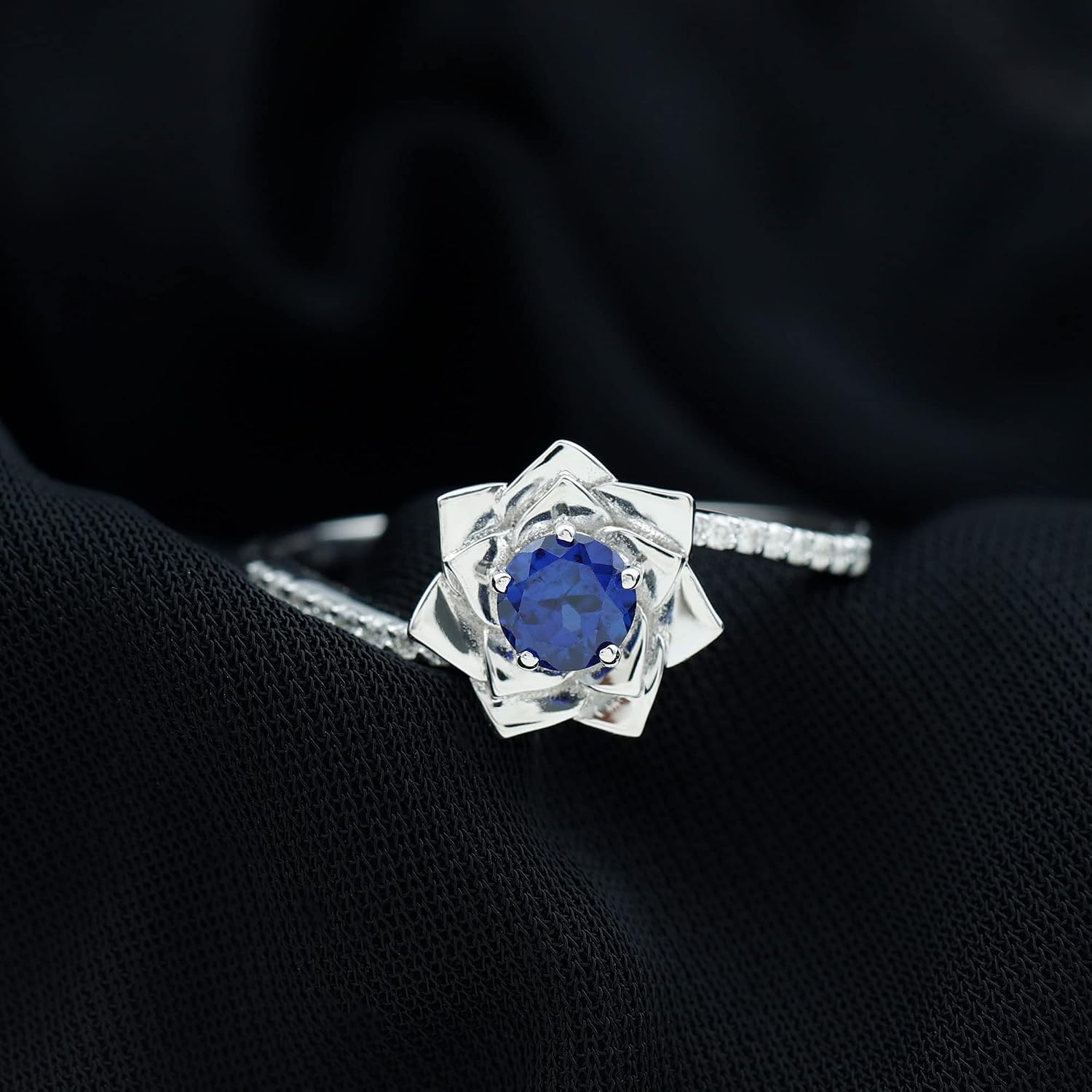 Certified Lab Grown Blue Sapphire Rose Flower Engagement Ring, Aaaa Quality, Blue Sapphire Diamond Ring (Ideal for Gift)