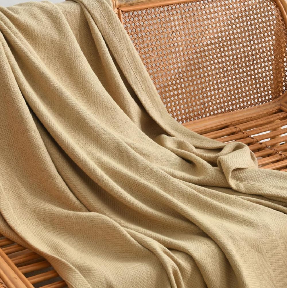 Royal Hotel Bedding Cool Cotton Throw Blanket, Soft and Breathable Cuddle Blanket Made from 100% Cotton, Throw Blanket for Bed Décor or Couch, Beige,