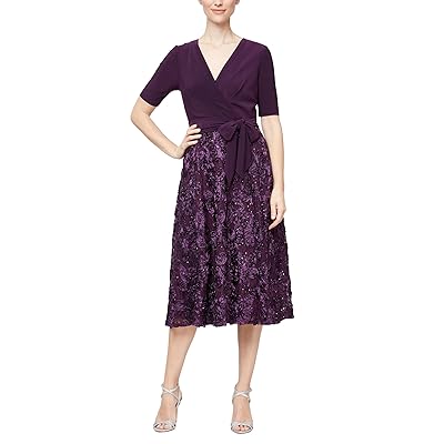 Alex Evenings Tea Length Dress with Rosette Lace Women