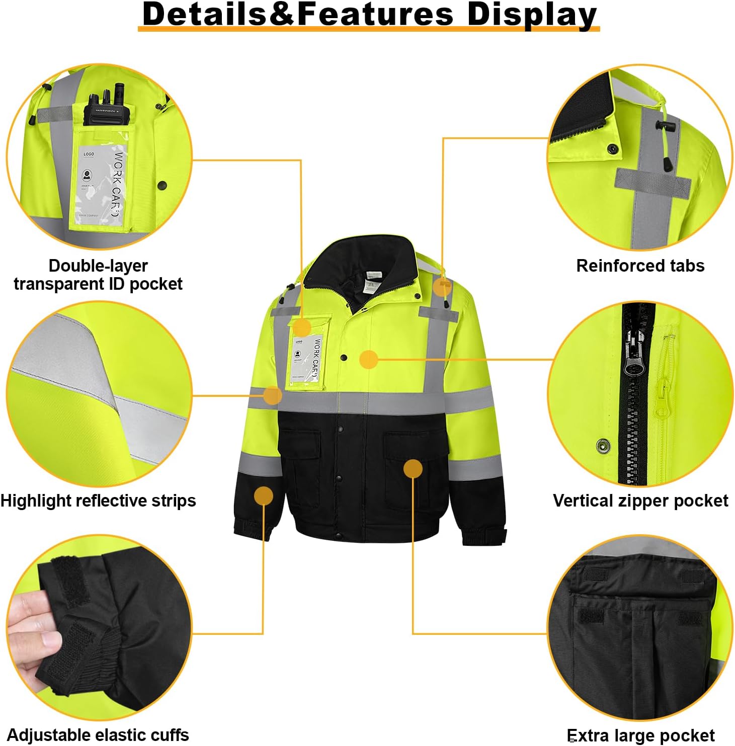 Waterproof Hi Vis Safety Jackets for Men, High Visibility Reflective Jacket with Pockets, Long Type Rain Coats for Winter Construction with Black Bottom, Class 3, DJK-Yellow X-Large - Image 6