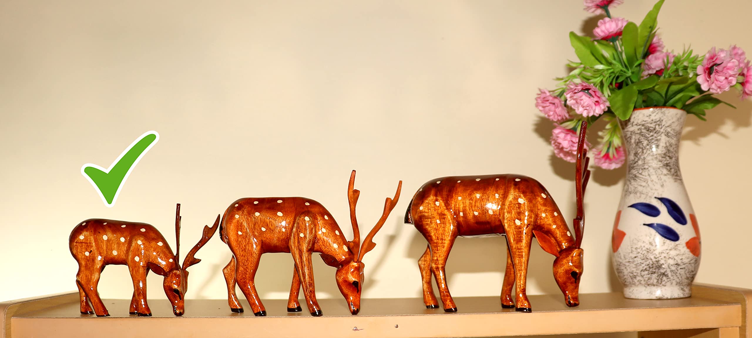 Hiralal Karmakar sztuka i rękodzieło, pełna figura, drewniane rękodzieło, jeleń, prezentacja do domu i biura, dekoracja stołu (13 cm z rogiem, naturalne drewno, przezroczysty brąz)