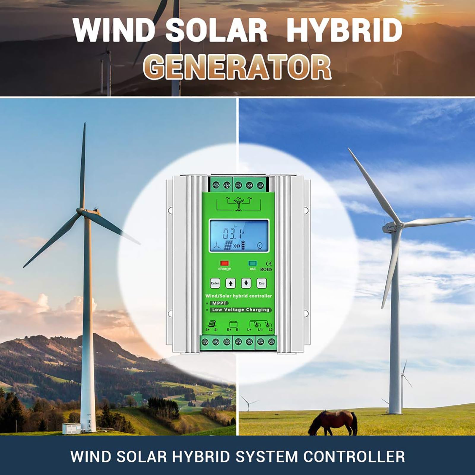 Hybrydowy regulator ładowania wiatrowego z obciążeniem zrzutowym do turbiny wiatrowej panel słoneczny 12 V 24 V 48 V akumulator automatyczny regulator ładowania MPPT (wiatr: 800 W + słoneczny: 600 W