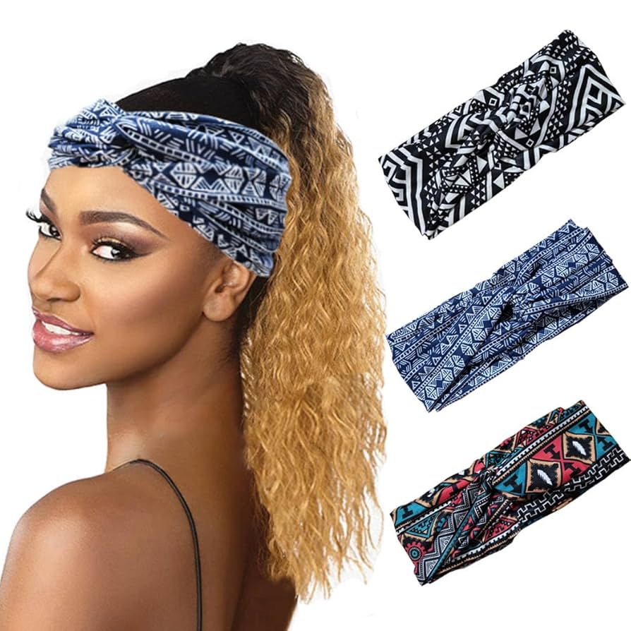 Bohend Boho Headband Wide Stretchy Floral Bandana 3Pcs Daily Use Knotted Headwear Sport Athletic Yoga Gym Hair Accessories For Women And Girls (A