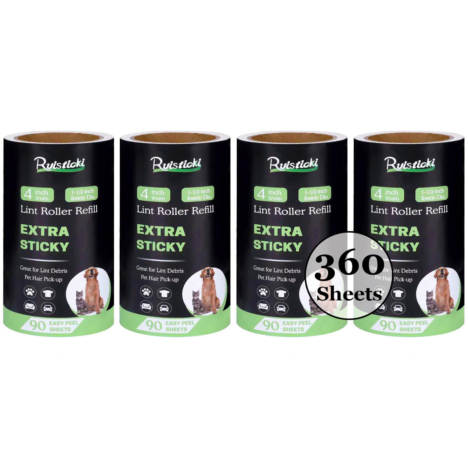 Recambio de rodillo de pelusa de 4 pulgadas para rodillos de pelusa PetLovers Evercare y más, paquete de 4 rollos de repuesto de rodillo de pelusa Extreme Stick para pelo de mascotas, 90 hojas por