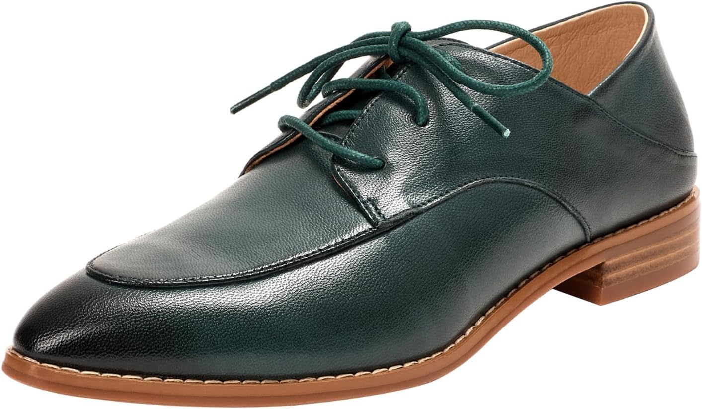 Mona flying Women's Pointed Toe Oxfords Derby Retro Lace up Leather Flat Office Work Shoes for Ladies