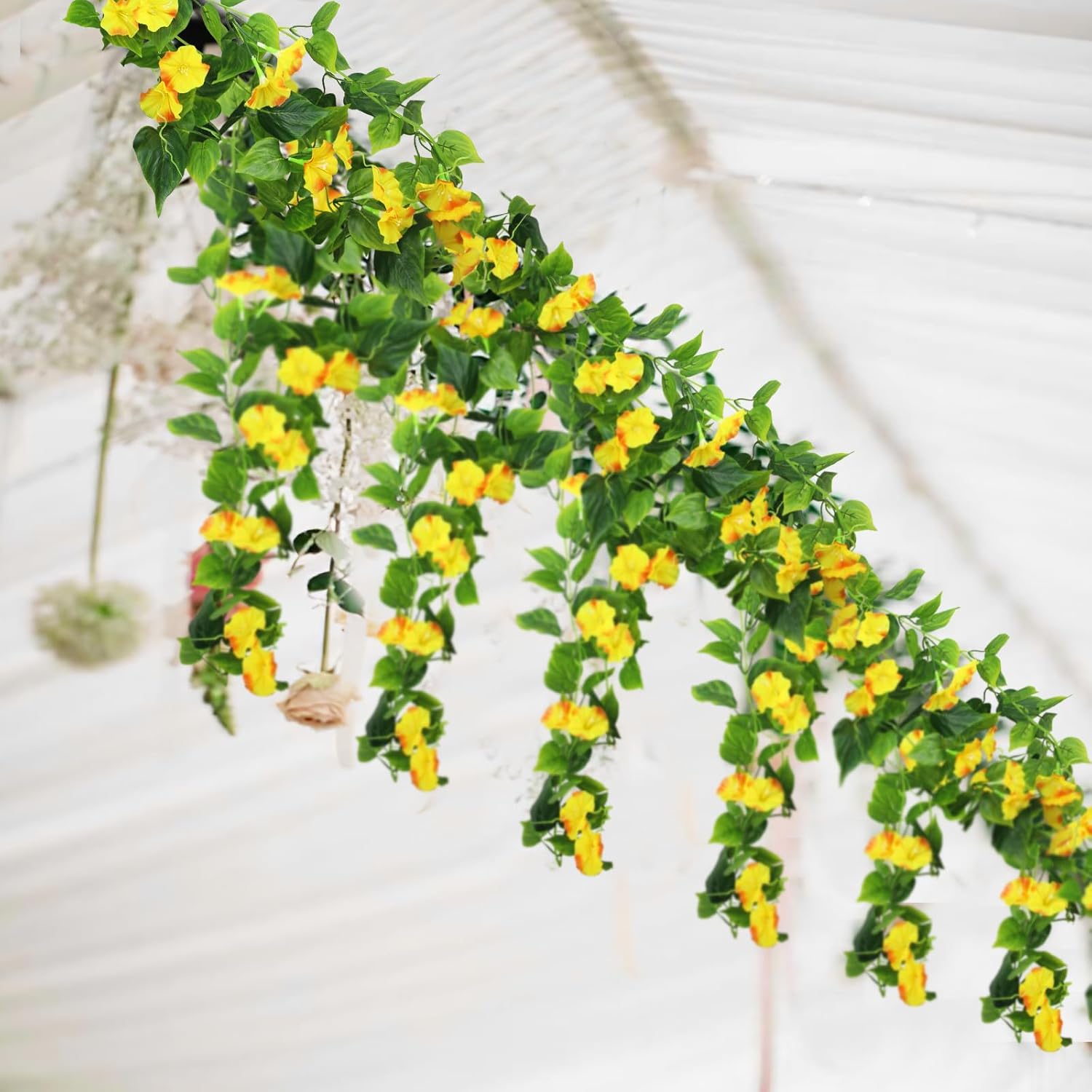 CISDUEO 2 Pcs Artificial Vines Silk Morning Glory Vines for Outdoor 15Feet Hanging Plants Garland Yellow Fake Green Plant Morning Glories for Home Decor Wall Fence Stairway Wedding Hanging Baskets