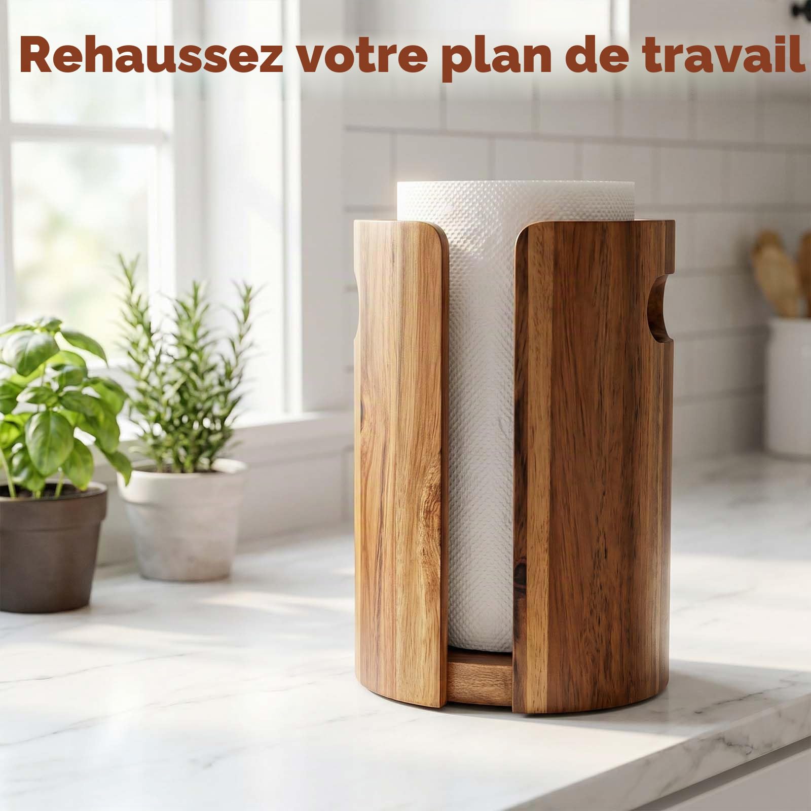 Porte Essuie-Tout en Bois pour Plan de Travail Cuisine, Support Sopalin avec Pare-éclaboussures, Poignées, Base Antidérapante et Lestée – Décor Maison Naturel pour Cuisine, Salle de Bains, Appartemen