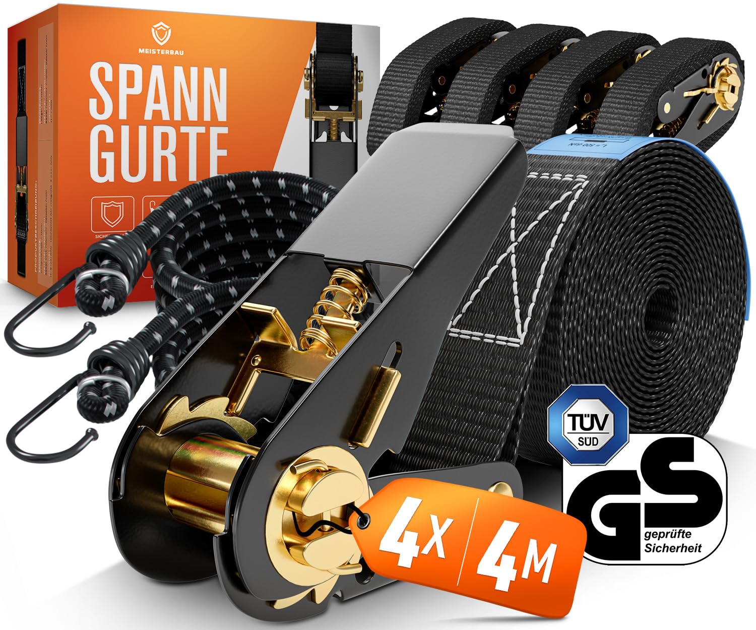 MEISTERBAU - [TÜV geprüft] Spanngurte mit Ratsche [+ 2 Spanngummis] - 1000kg Kapazität - 4m lang und 2,5cm breit 4 Stück - zertifizierte Ratschengurte - Stabile & Wetterfeste Zurrgurte mit Ratsche