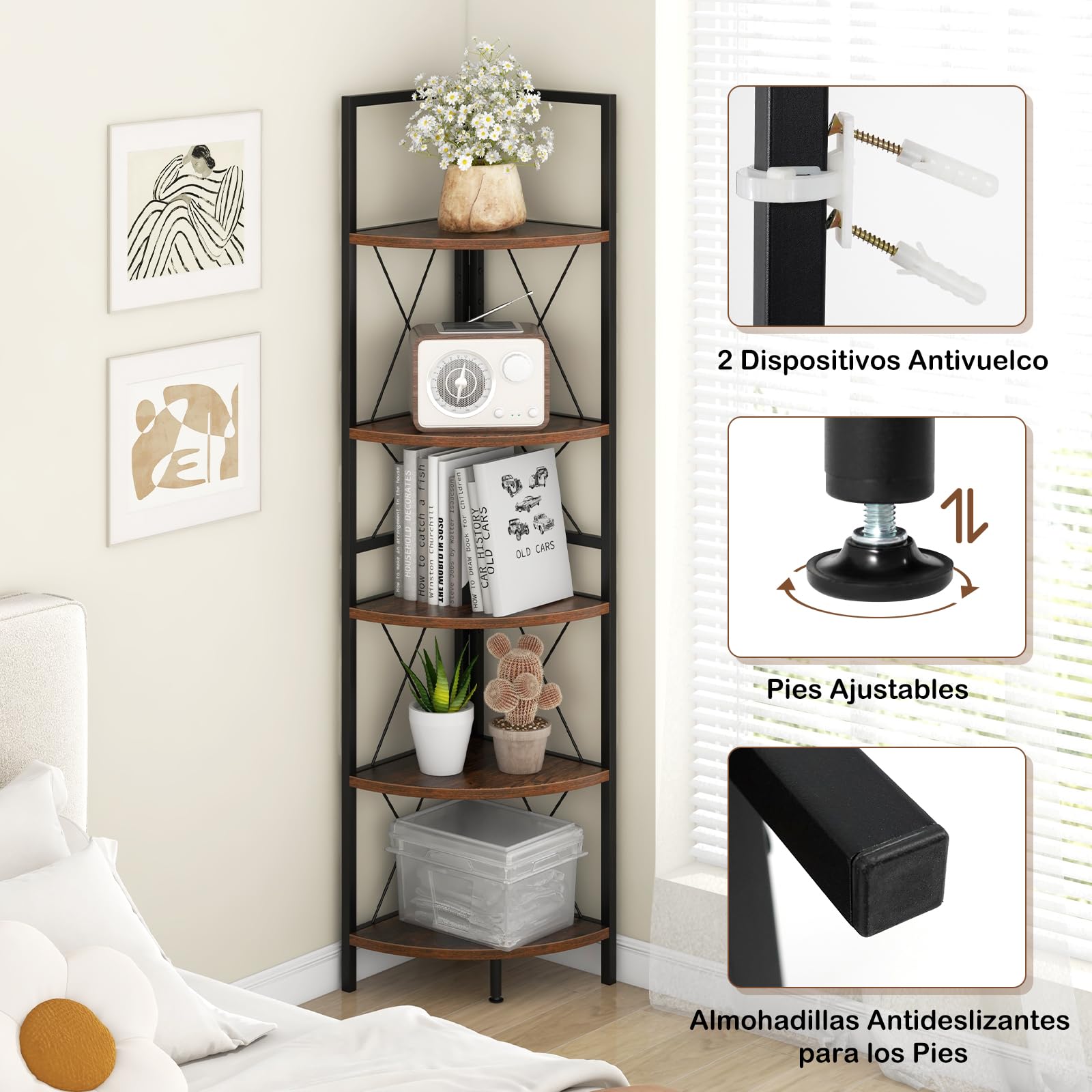 Giantex Estantería Esquinera de 5 Niveles, Librería de Madera y Metal, 35,5 x 35,5 x 159,5 cm, Estantería de Almacenamiento de Esquina para Salón, Dormitorio, Estudio (Marrón Rústico)