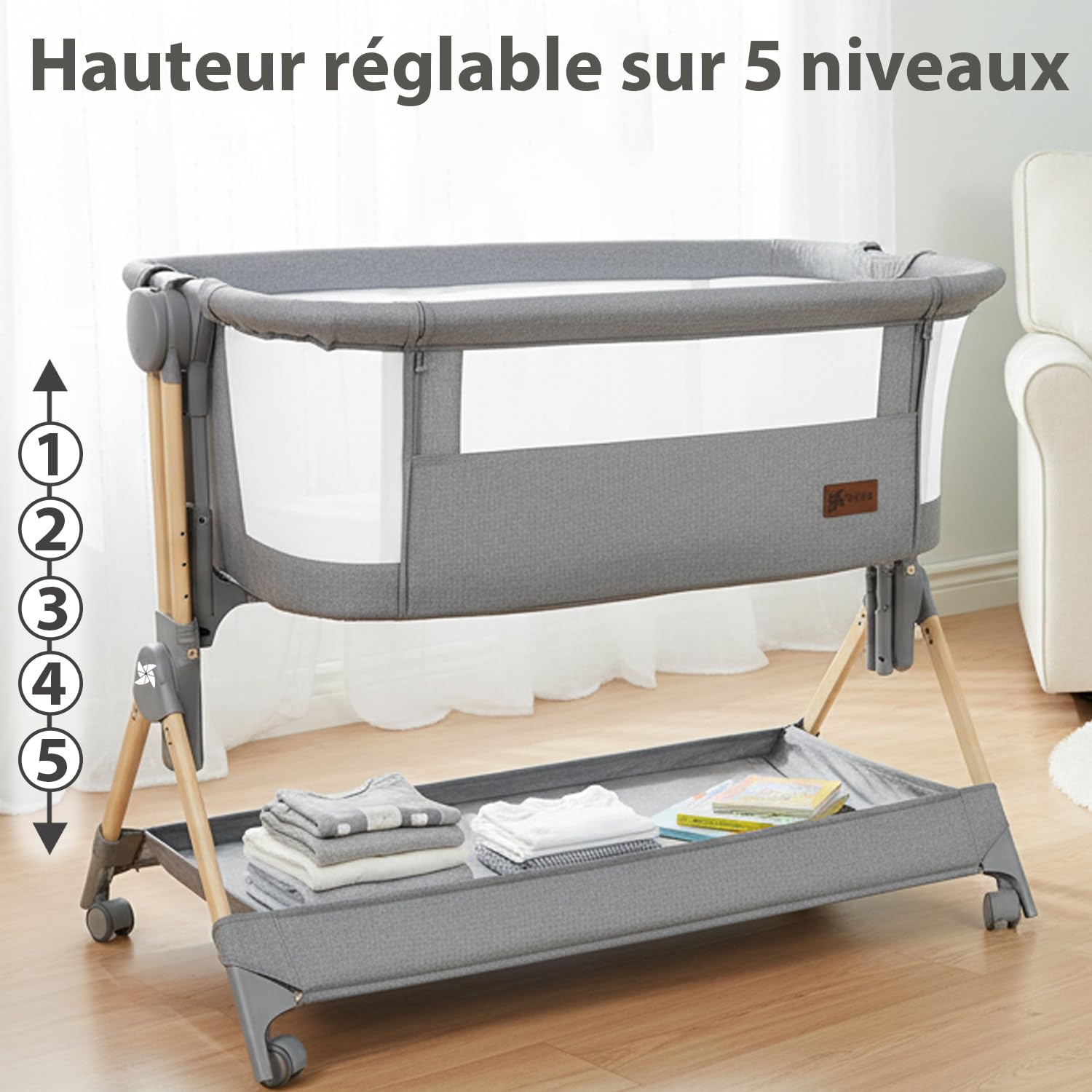 Berceau Cododo Comfortly avec roulettes Lit Parapluie Pliable Hauteur Réglable 5 Niveaux 9 kg Matelas Drap Sac Panier Couleur Bois