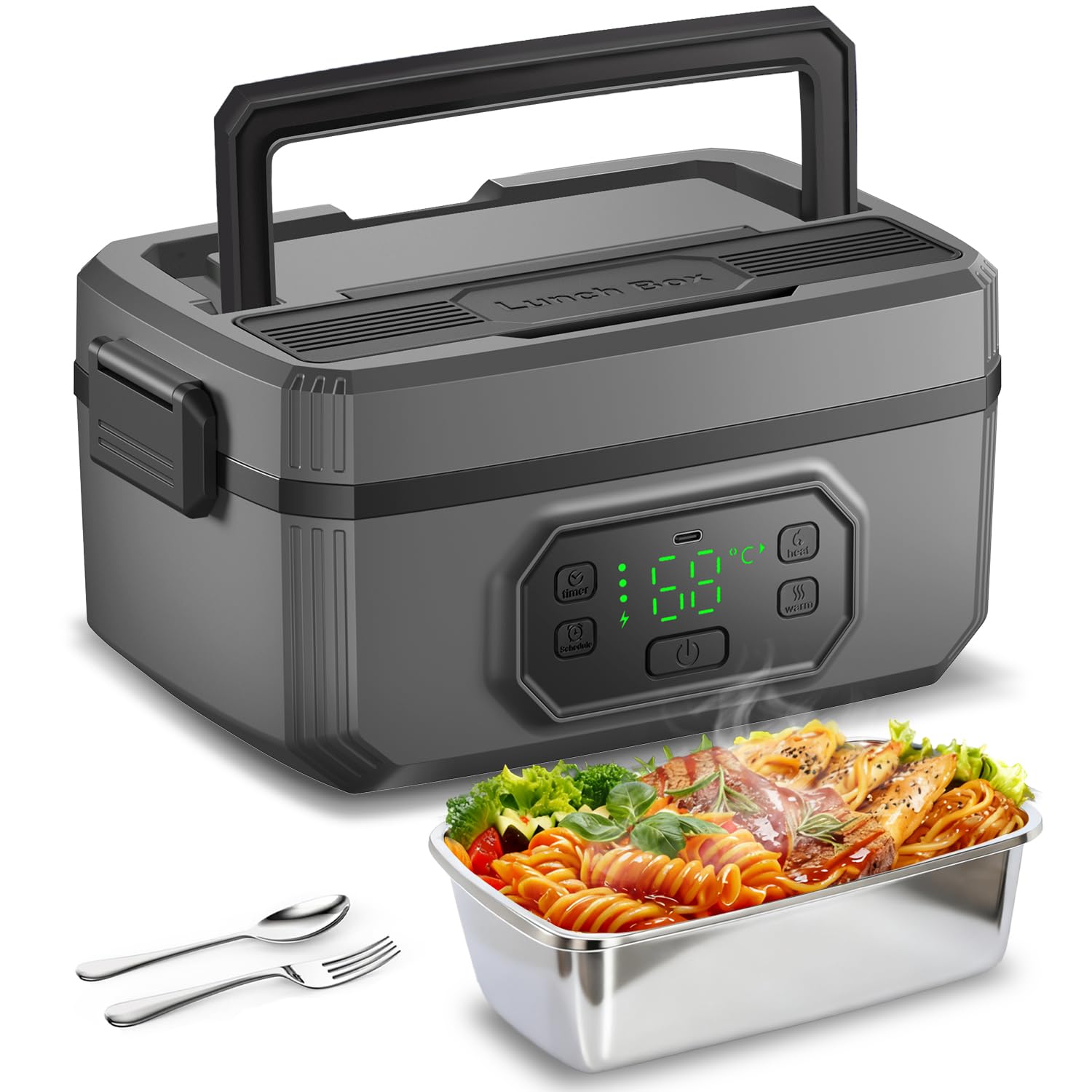 Cordless Electric Lunch Box - 1.2L Self-Heating Food Warmer with 21000mAh Battery, 8-Timer & 5-Temp Settings, Leakproof 304 Stainless Steel Container, No Water Needed for Office/Travel/Camping