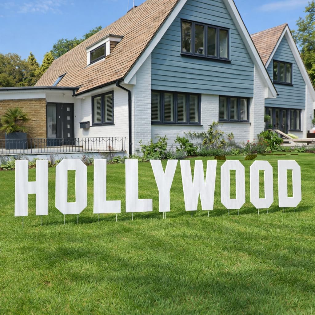 18-Inch Hollywood Yard Sign Letters with Stakes by VictoryStore, Solid White Corrugated Plastic Lawn Signs, Non-Printed, American Made, 9 Pieces