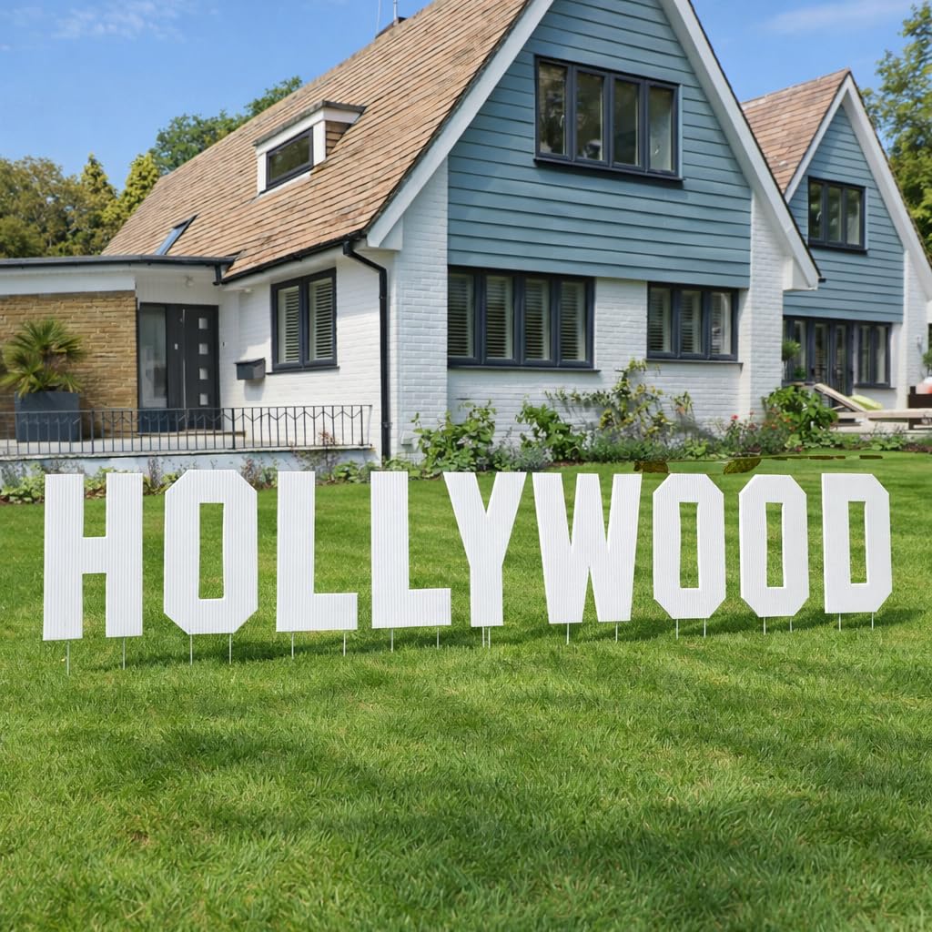 VictoryStore 18-Inch Hollywood Yard Sign Letters with Stakes, Solid White Corrugated Plastic, Non-Printed, American Made, 9 Letters