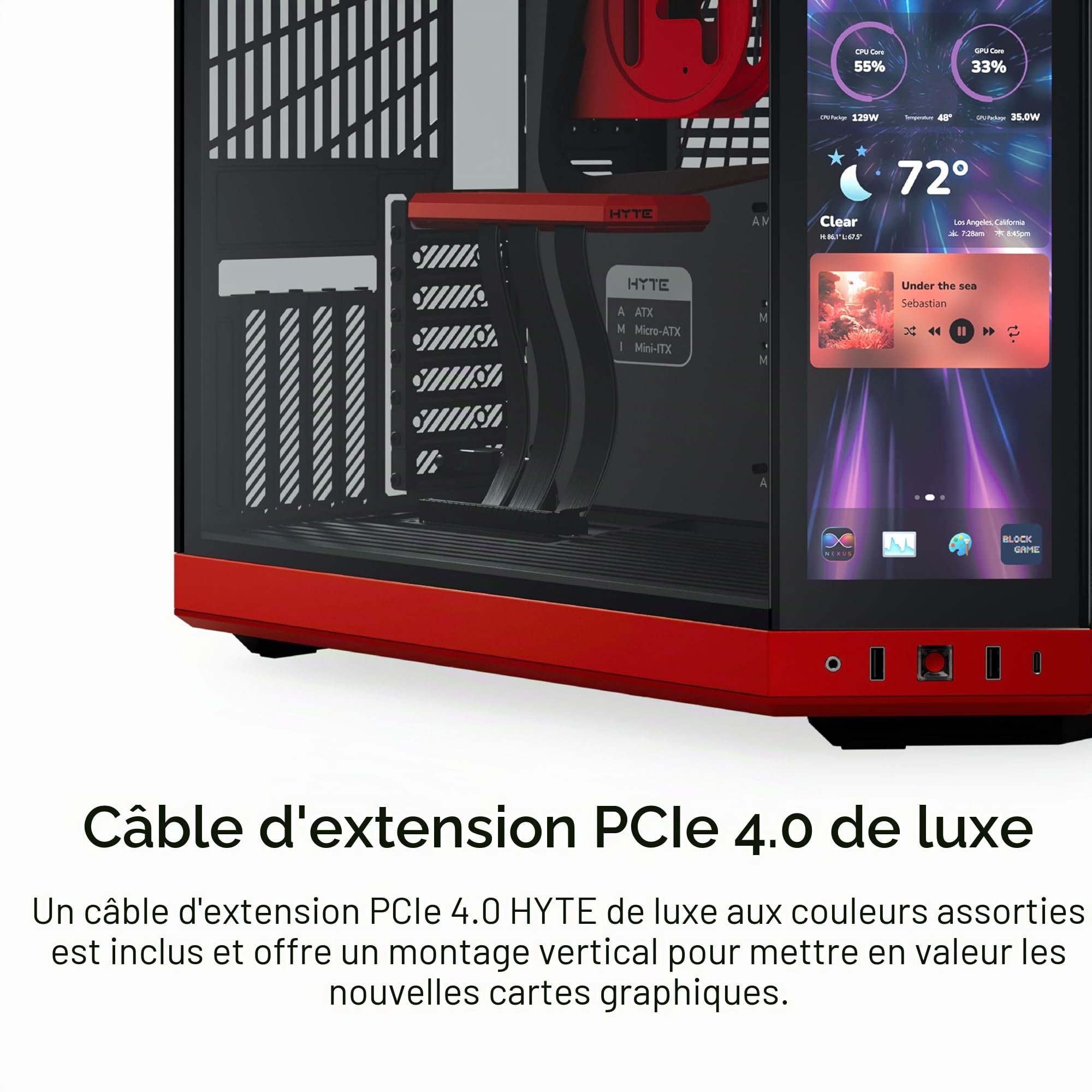 Hyte Y70 Touch Infinite Boîtier ATX à Double Chambre, avec écran Tactile LCD 2,5K intégré - Noir Cerise/Rouge
