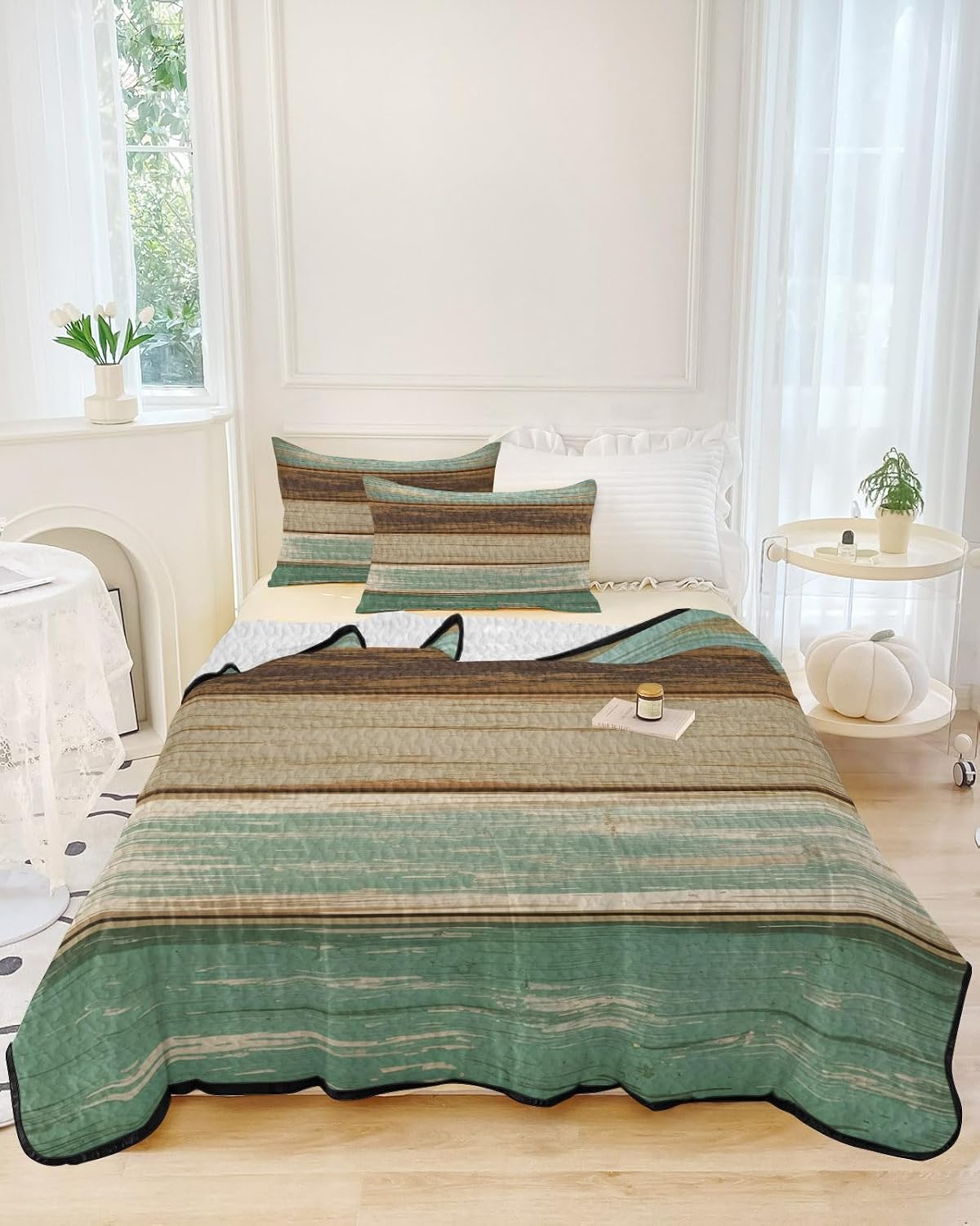 Full Size Quilt Set, Vintage Farm Green Brown Wood Board Lightweight Bedspread Coverlet Set Soft Microfiber Summer Quilt with 2 Pillow Shams, Country Striped 3 Piece Comforter Bedding Set