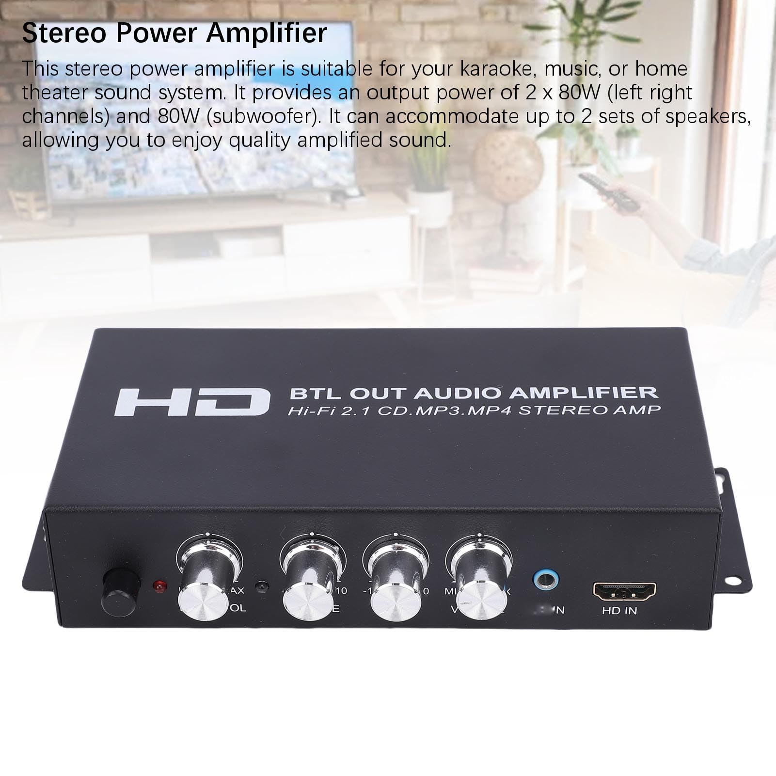 Amplificador de Audio Estéreo Bluetooth, Receptor de Doble Canal con HDMI/RCA/AUX, Alta Fidelidad, Fuente de Alimentación UE