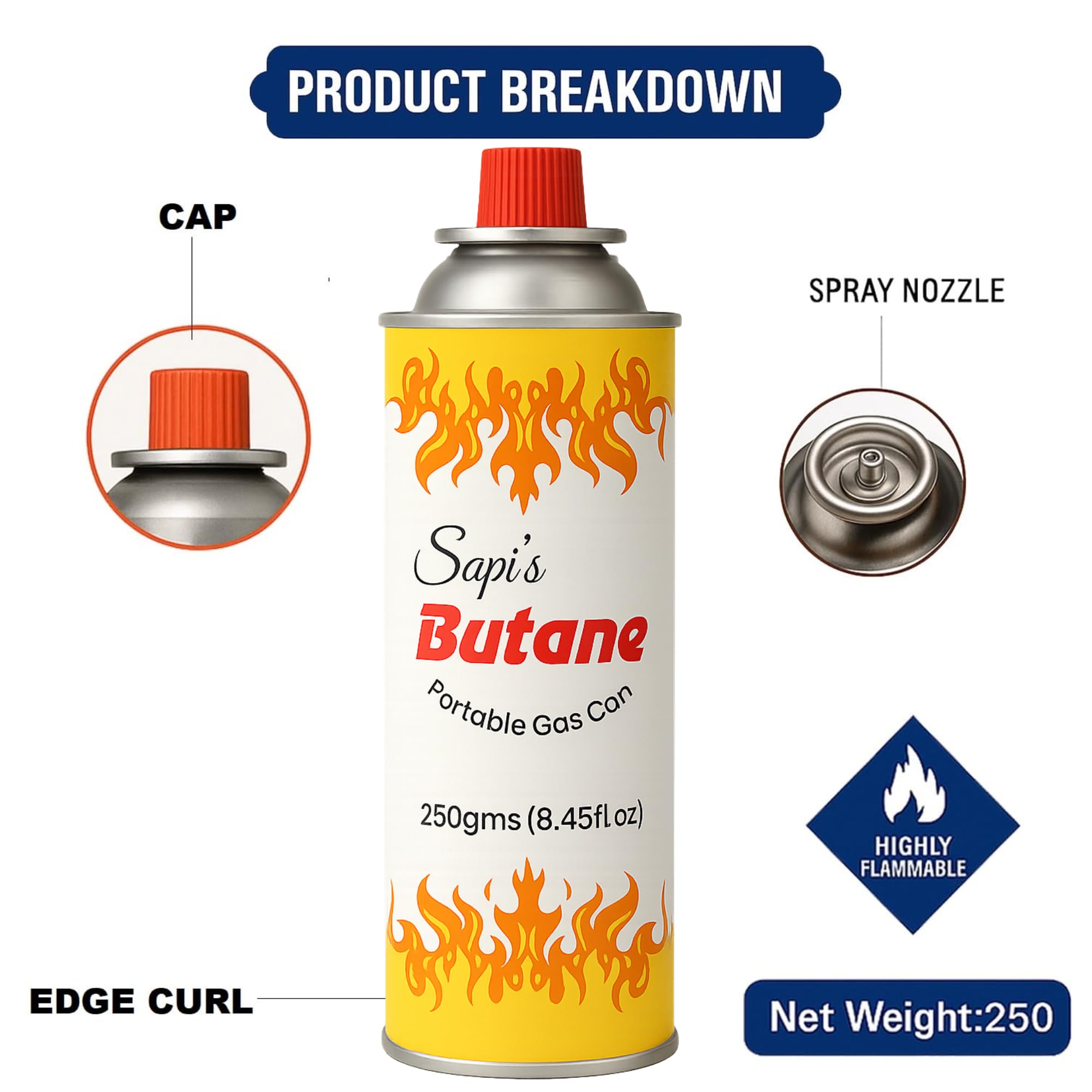 Sapi's 250g Butane Gas Can for Camping Stove High Pressure Flame Portable liquefied Refill Canister Welding Fuel Gas Torch Lighter,Aluminium 1