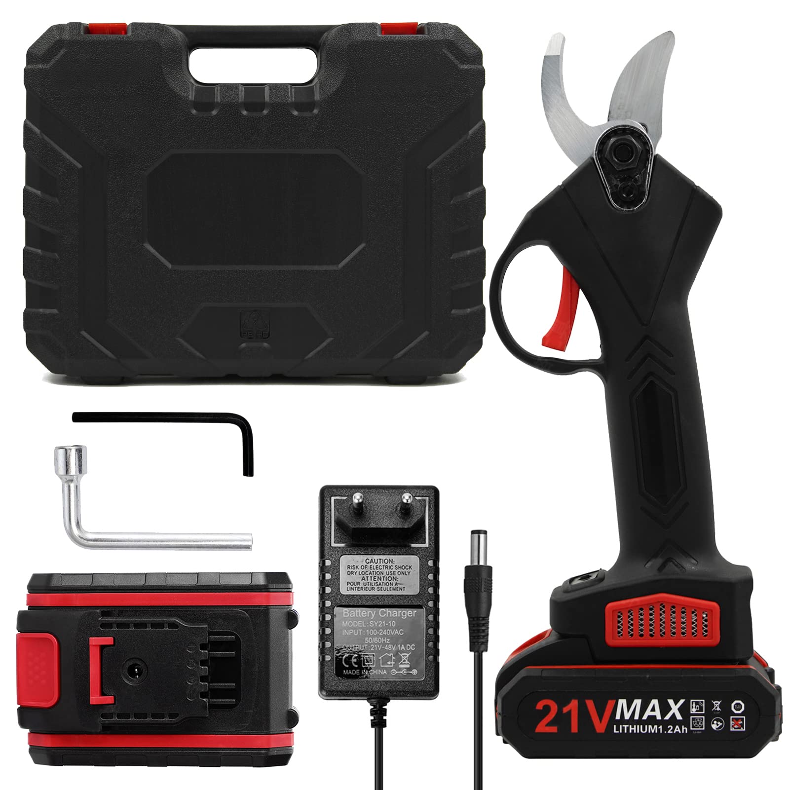 Tijera de Podar Electricas Profesional 30 mm Geevorks 21V Tijeras de Podar a Batería Li-Ion(2 * 2000mAh) Carga Rápida Diseño Antideslizante Cortador Eléctrico Ramas Inalámbrico para Jardinería