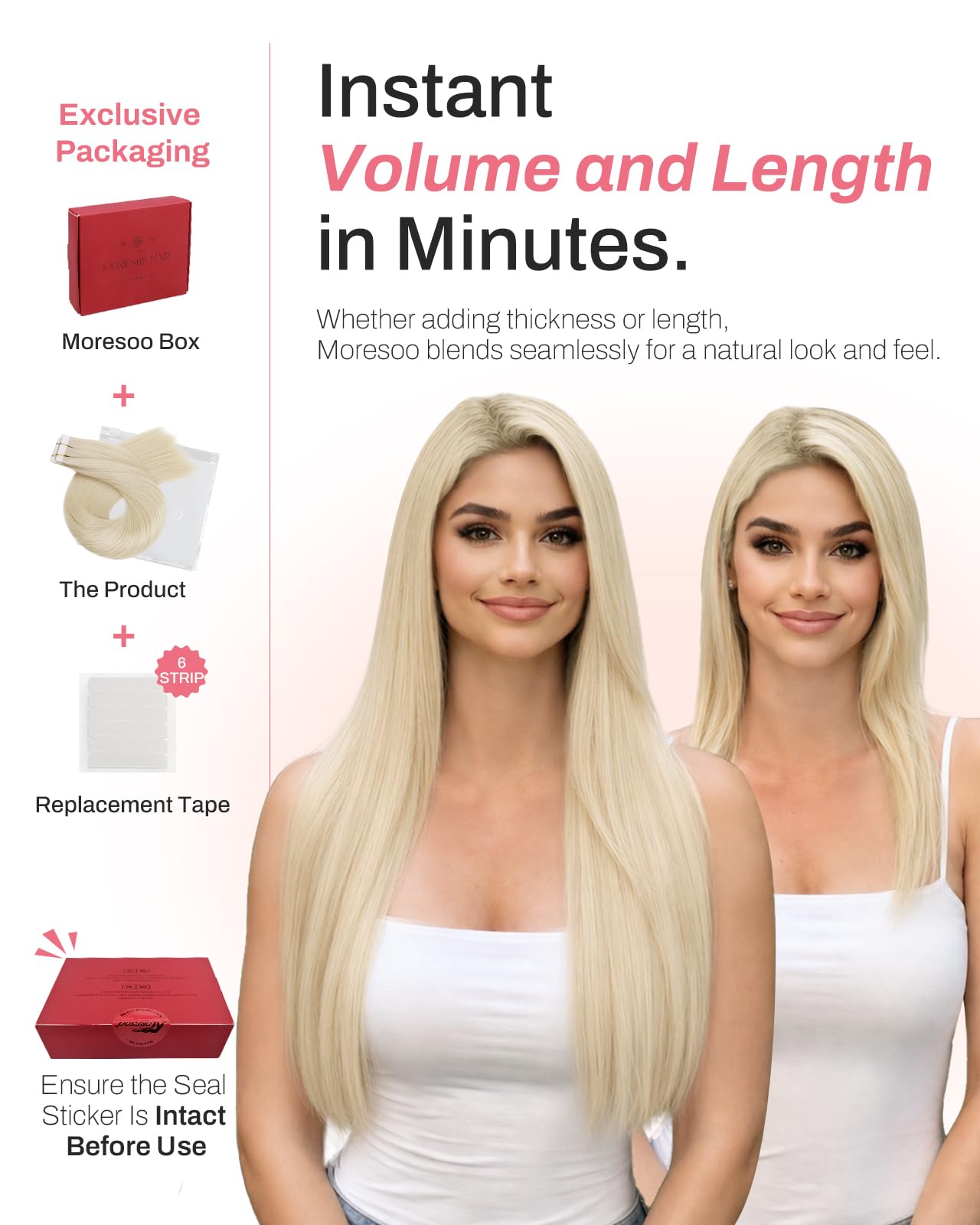 Moresoo Pasemka doczepiane z prawdziwymi włosami Remy, blond z pasemkami, 60 cm, przedłużające włosy, pasemka z prawdziwymi włosami, platynowy blond, gładkie, 10 sztuk, 25 gramów #60