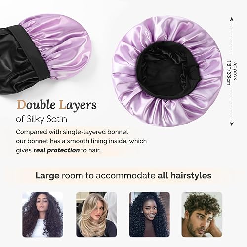 Vista 24 de Hat Hut Gorro de satén de seda para dormir para mujer, gorro de pelo para cabello rizado, banda ancha ajustable, doble capa Azul ceniza
