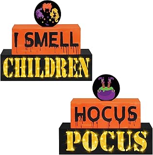 Reversible Halloween Wooden Block Sign with Led Lights- Halloween Decorations- Double-Sided Halloween Light up Hocus Pocus Table Sign for Festive Haunted House Farmhouse Home Tabletop Tiered Tray