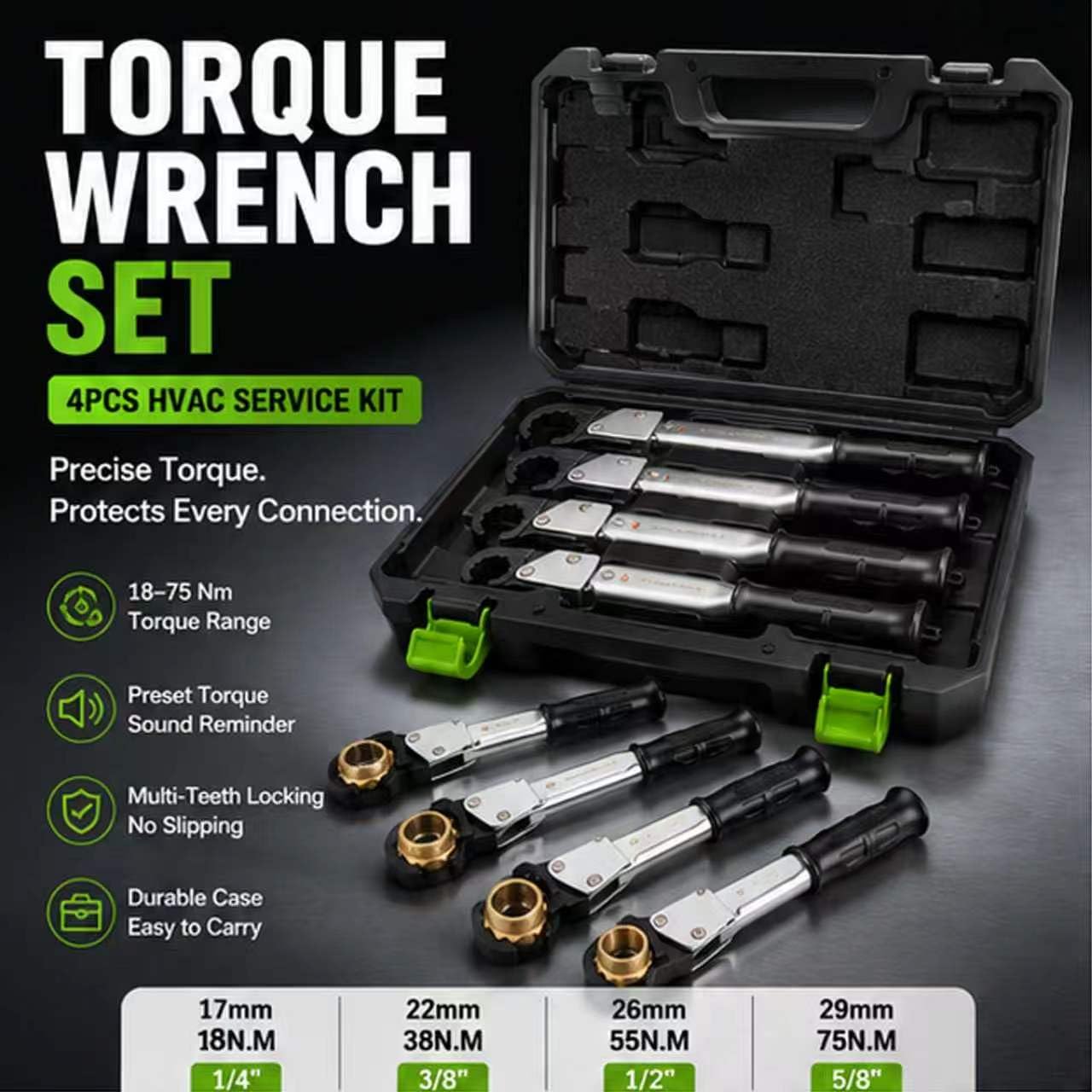 Juego de Llaves de Torque de Carraca 18-75 Nm, Llave Ajustable en Nm de Extremo Abierto para Servicio HVAC para Tubo de Cobre de 1/4", 3/8", 1/2", 5/8", para Aire Acondicionado