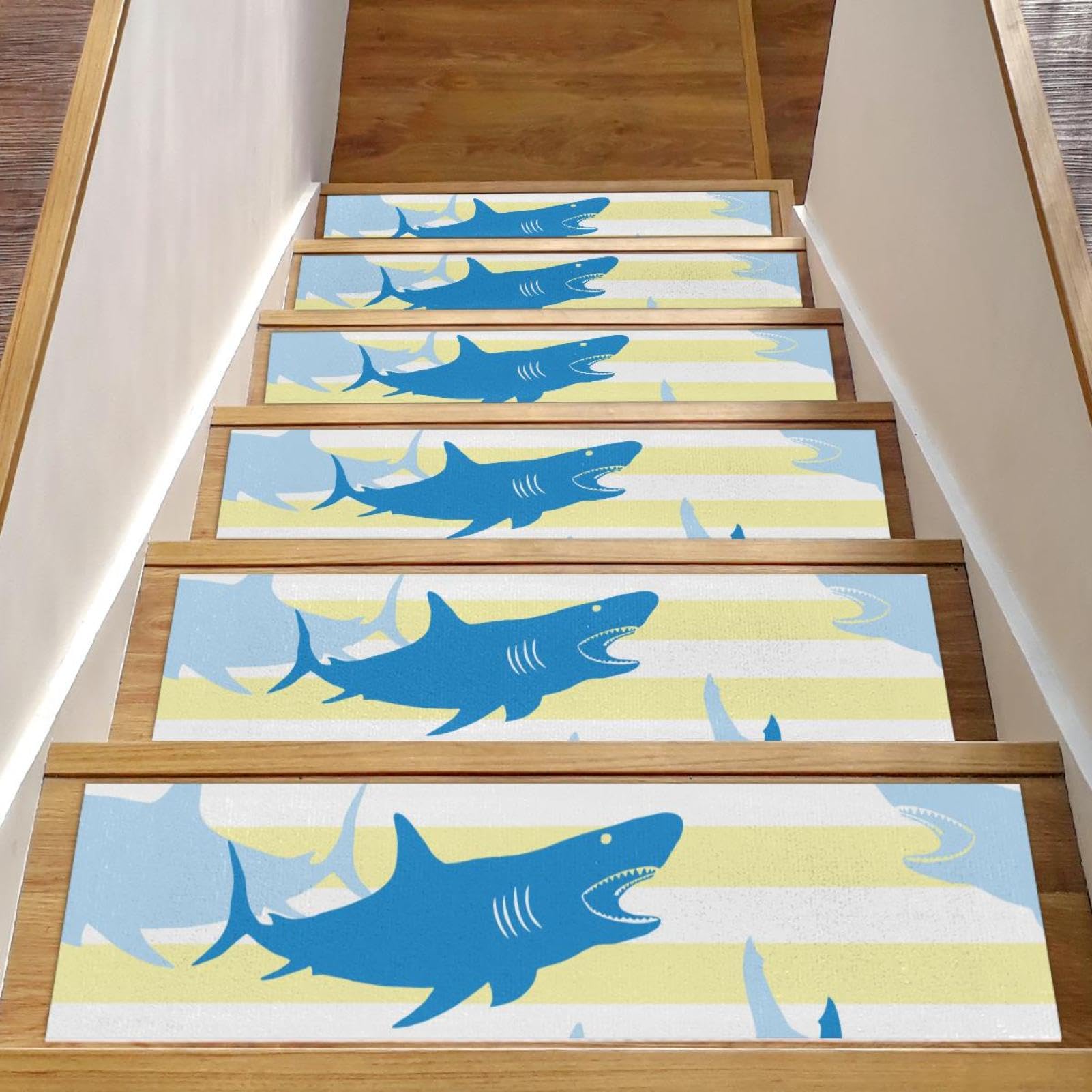 Tapis d'escalier antidérapants marches bois lavable machine lot de 15 motif requin