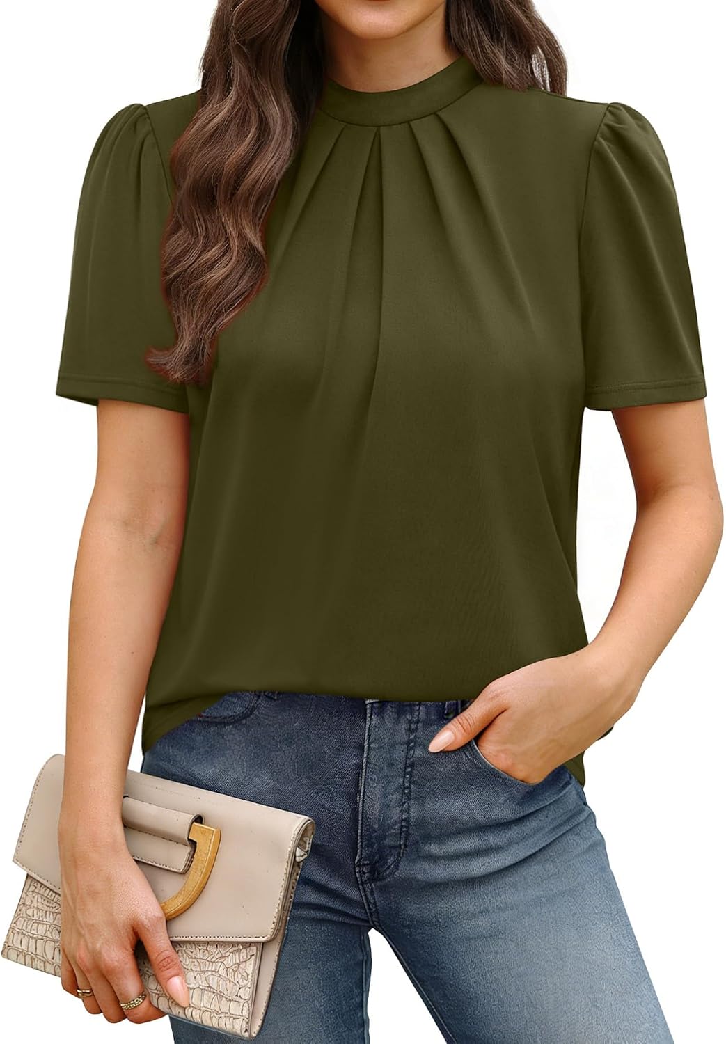 WIHOLL Womens Tops Short Puff Sleeve Shirts Mock Neck Pleated Spring Blouses Dressy Casual Business Casual Summer Outfits
