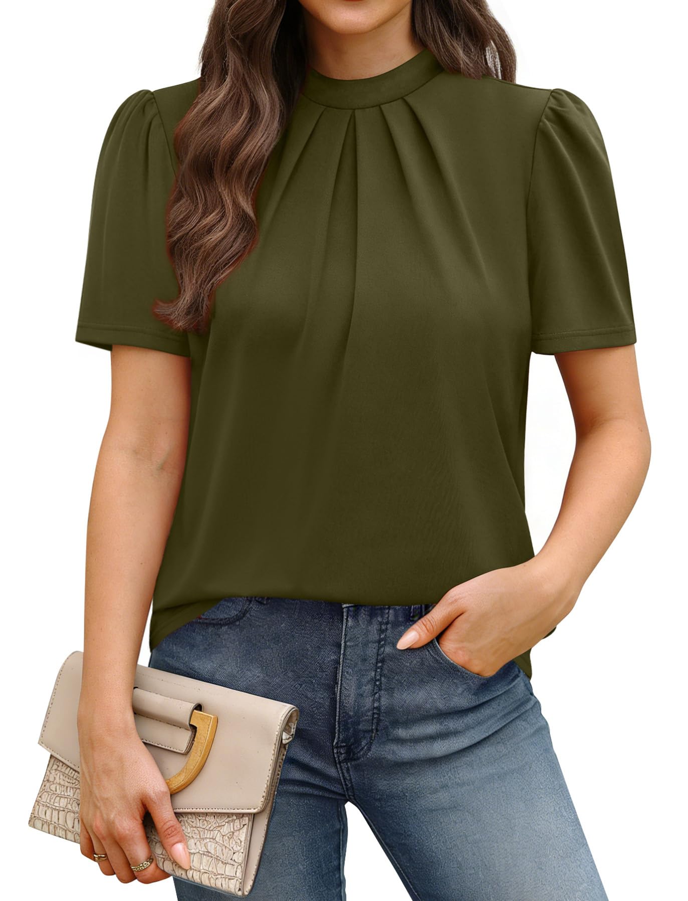 WIHOLL Womens Tops Short Puff Sleeve Shirts Mock Neck Pleated Spring Blouses Dressy Casual Business Casual Summer Outfits — view 6