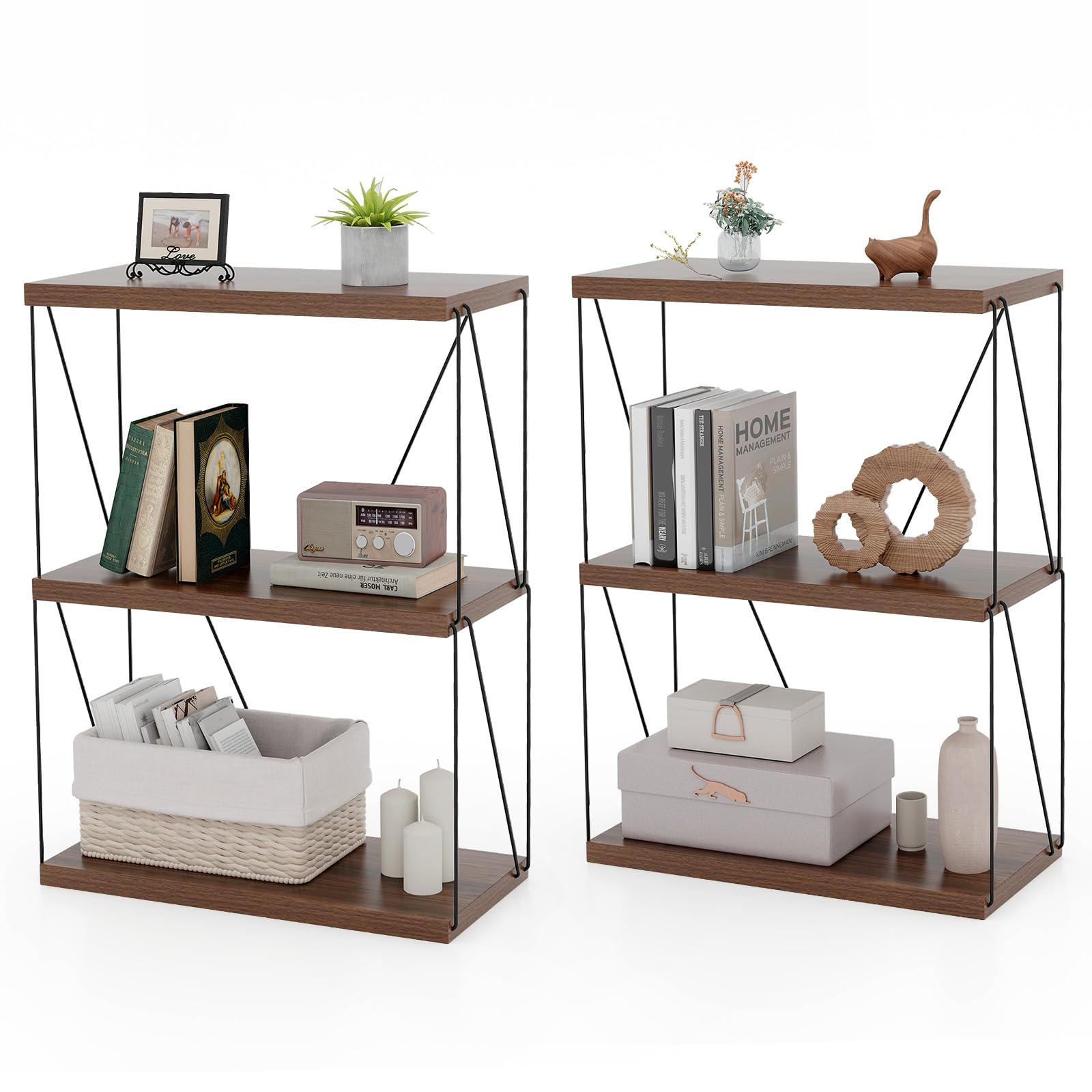 GOFLAME 3-Tier Bookshelf Set of 2, Freestanding Bookcase Shelf with Metal Frame, Industrial Storage Shelving Unit, Multipurpose Display Rack for