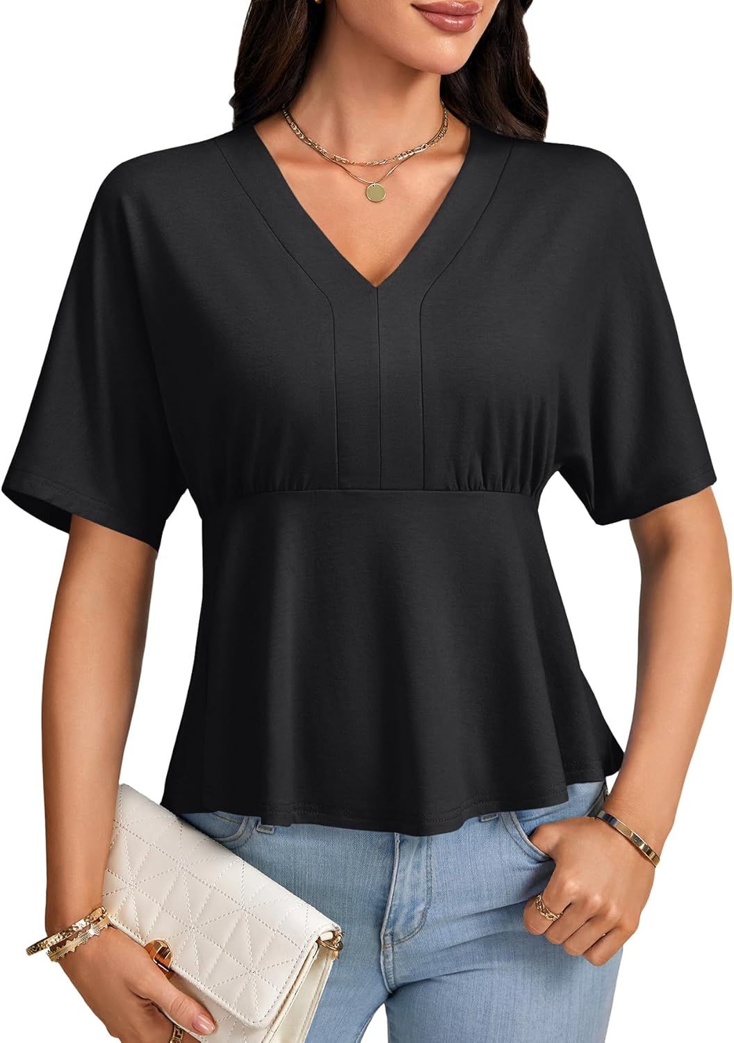 KIFOVEN Women's Ruffle V Neck Short Sleeve Ruched Dressy Casual Tunic Blouse Tops - Image 2
