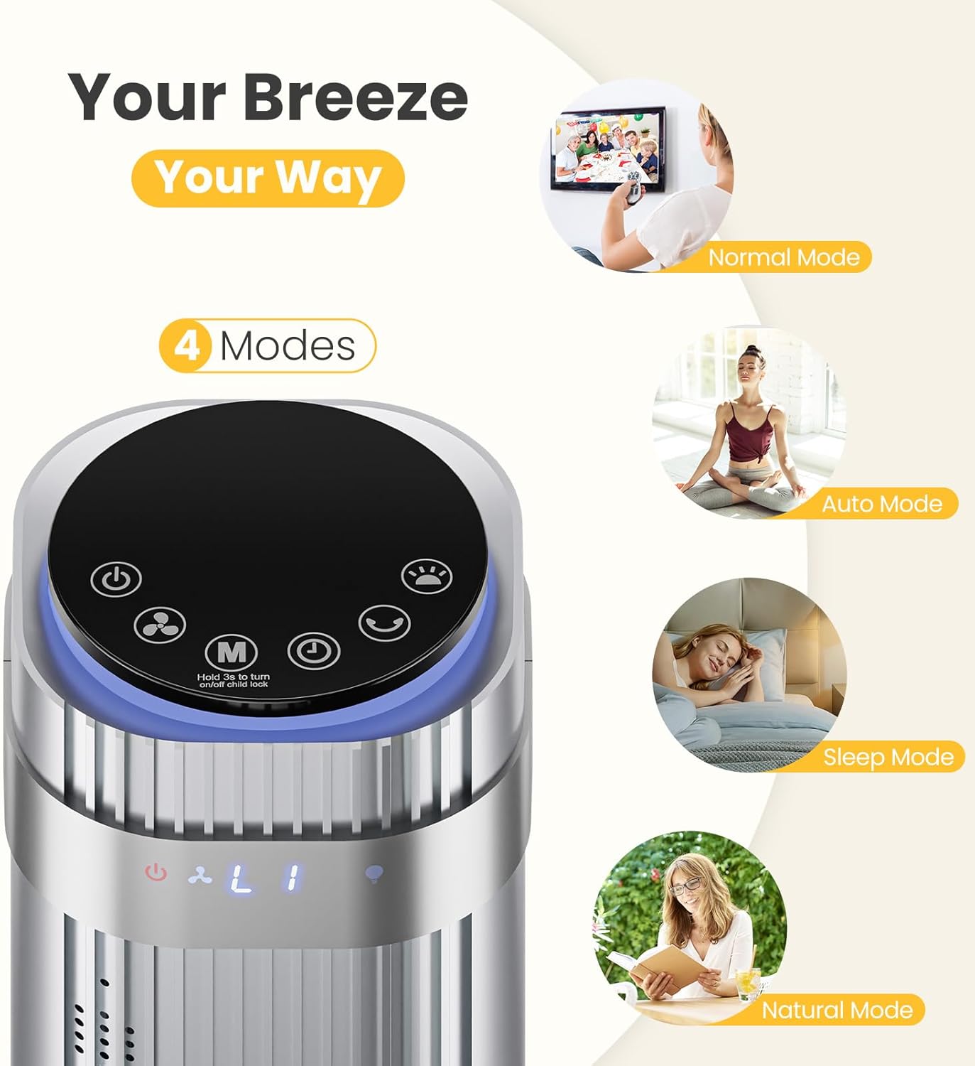NEWBULIG Tower Fan for Bedroom, Oscillating Standing Bladeless Fan with Remote, 5 Speeds & 4 Modes, 28dB Quiet for Sleep, 22.3ft/s High Velocity, LED Display, 12H Timer, Office, Home, Dorm, Silver