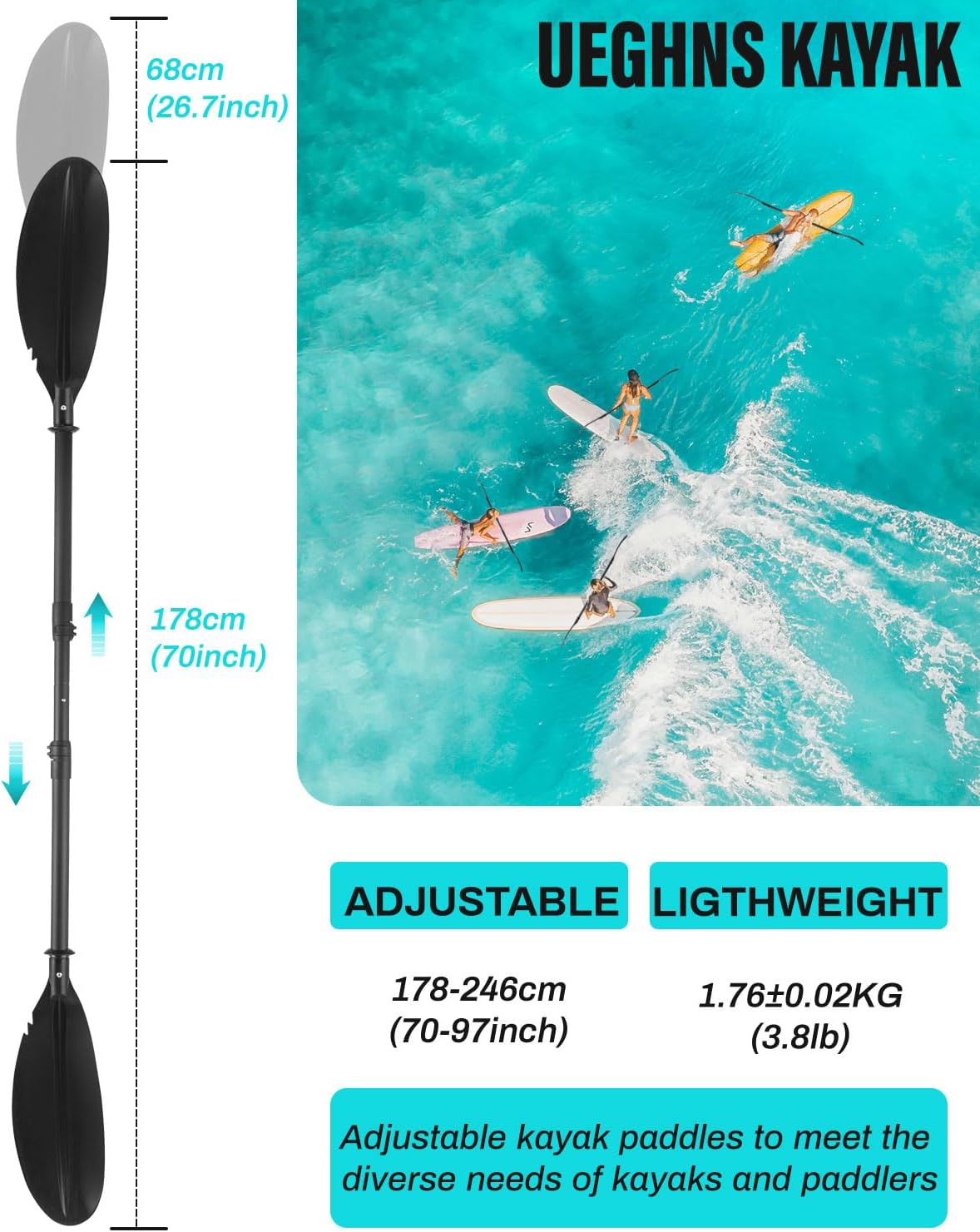 Kayak Paddles for Adults，Retractable Adjustable Paddle71inch-100inch Made of Thickened Stainless Steel Tube and Comfortable Foam Handle.