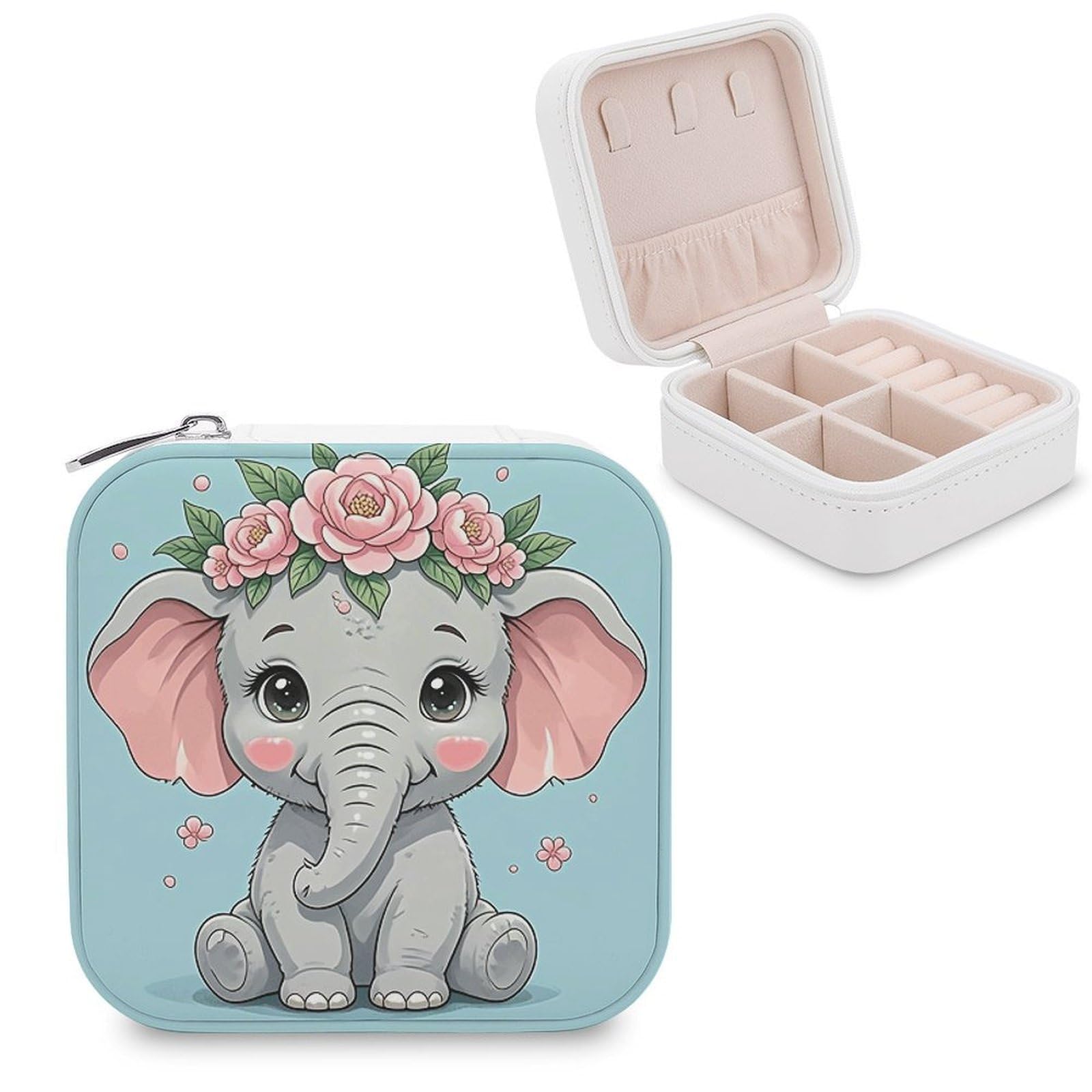 VstaDank Cute Flower Elephant Jewelry Organizer Travel Case for Women With Zipper Mini Jewelry Case PU Leather Jewelrys Box for Rings Necklaces Bracelets Earring Holder Organizer Storage