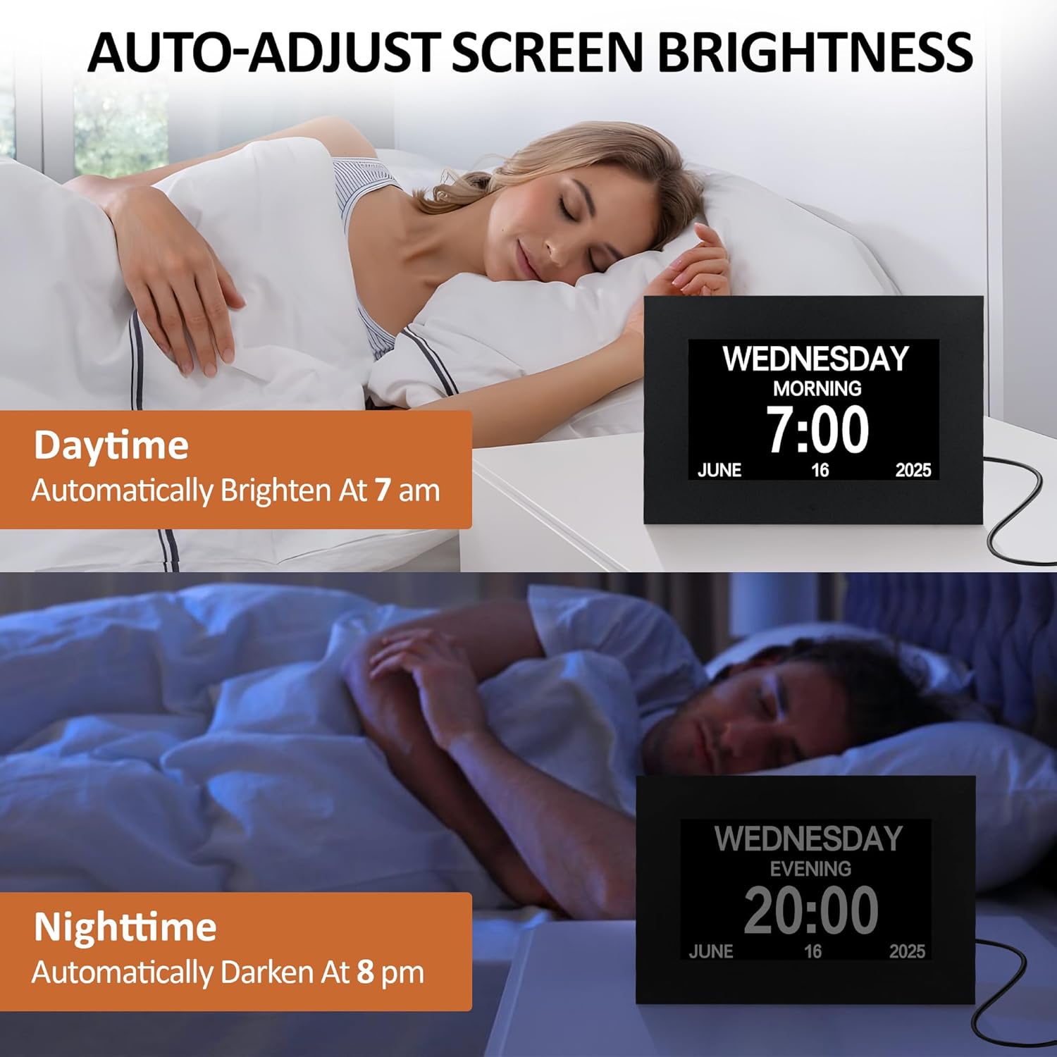 7" Digital Alarm Clock for Seniors, Dementia Clock with Day and Date for Elderly, Digital Calendar Day Clock with 20 Reminders & 20 Alarms, Auto-DST