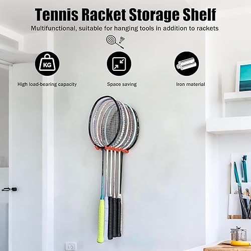 Miniatura 4 de Paquete de 2 soportes para raquetas de tenis montadas en la pared, soporte de raqueta de bádminton para raquetas de bádminton, raquetas de tenis,