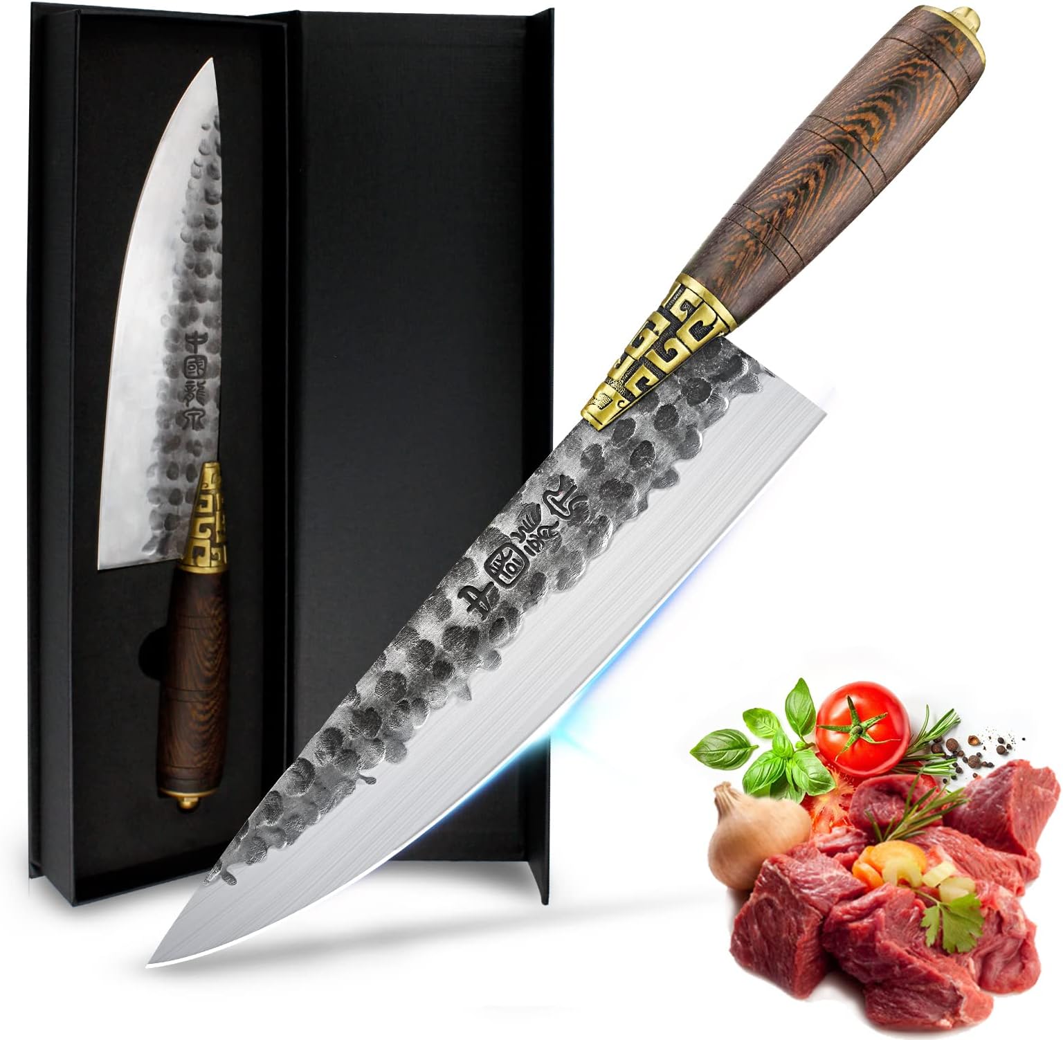 Handmade Chef Knife Kitchen Knife Full Tang 9 Inch Razor Sharp Forged LongQuan Chef’s Knife Chopping Knife Forged in Fire with Pear Wood Handle HC Steel for Home Kitchen Restaurant with Gift Box